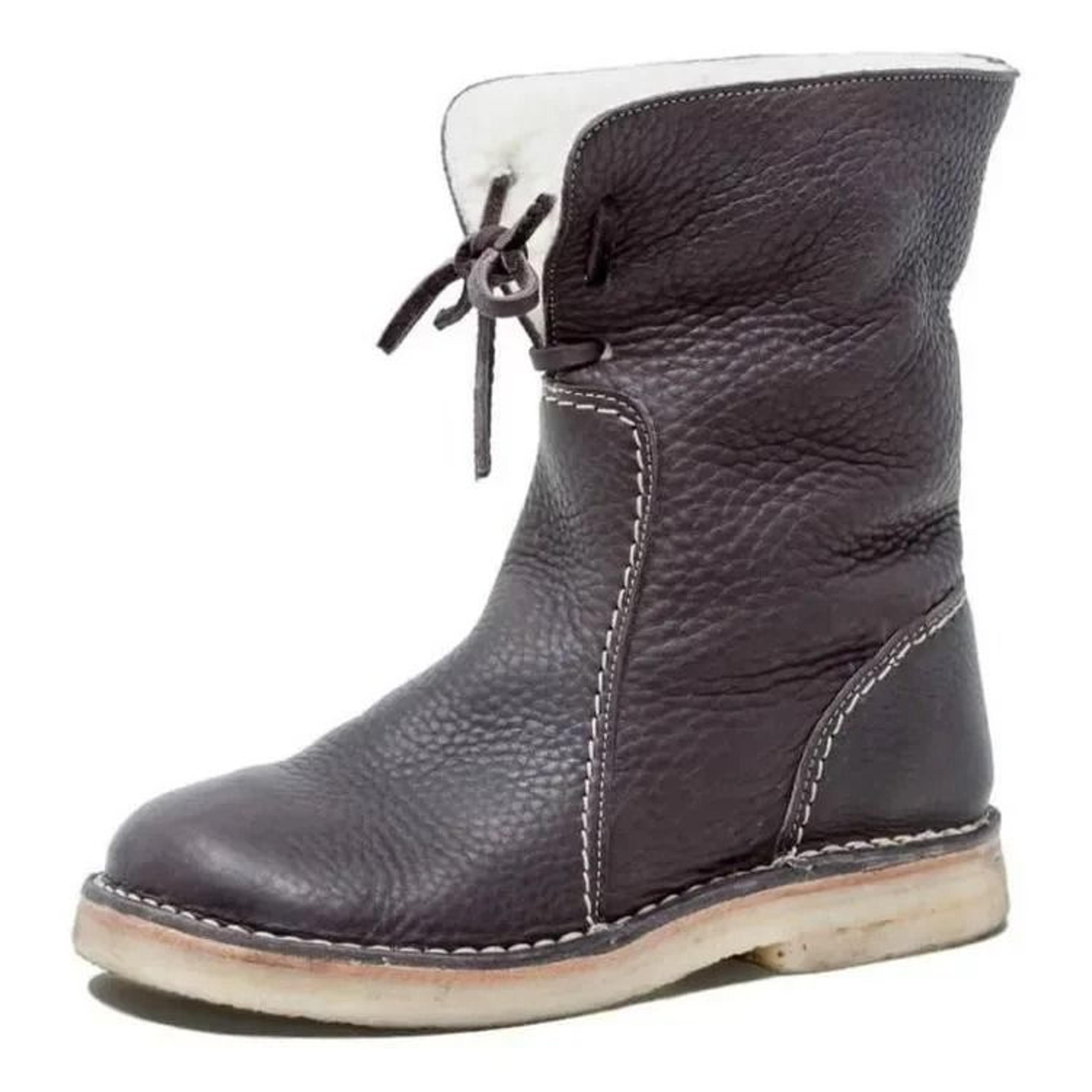 Women Winter PU Leather Boots Flat Fleece Lined Ankle Shoes 2