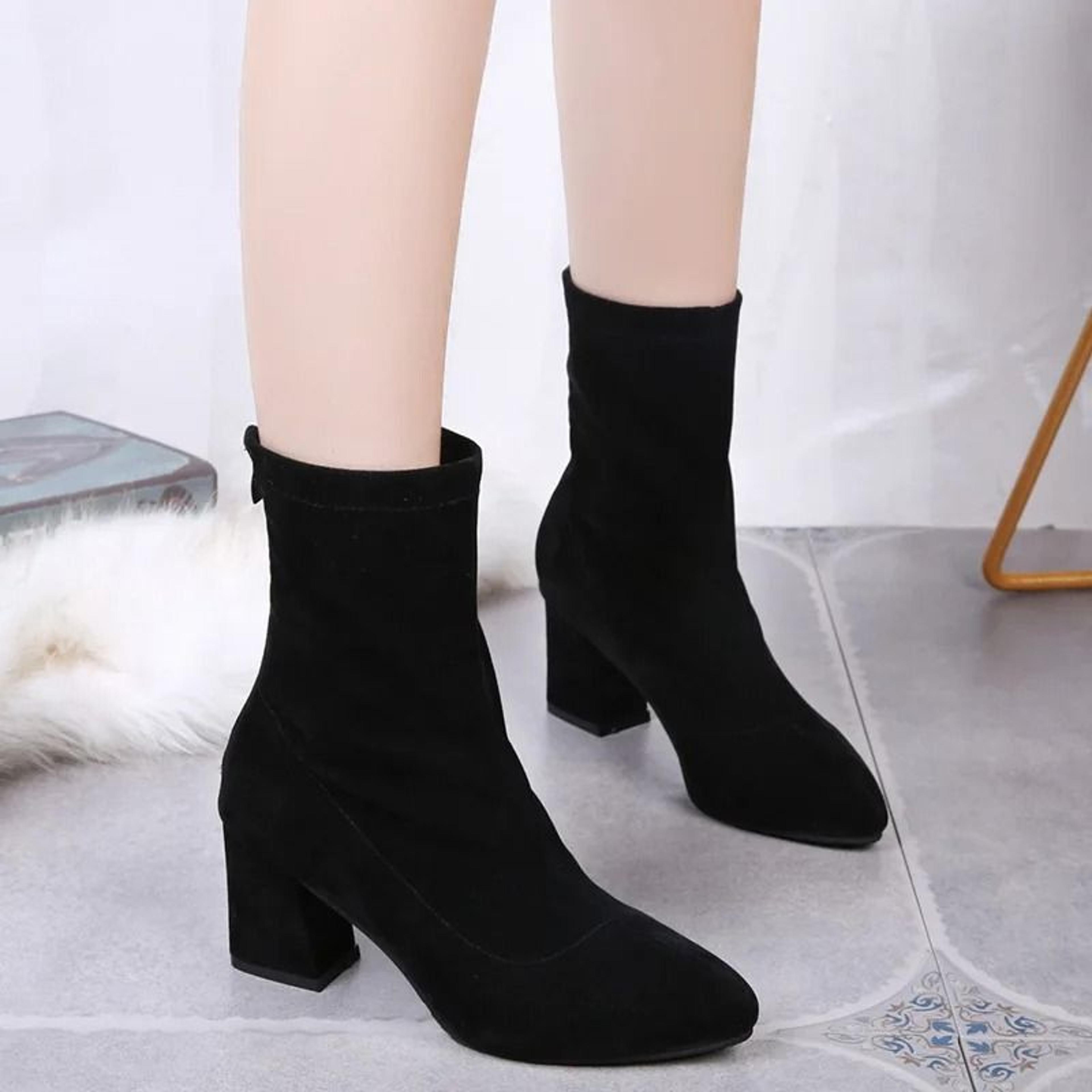 Black Flock Thick Heel Women Winter Ankle Boots Pointed Toe Shoes 4