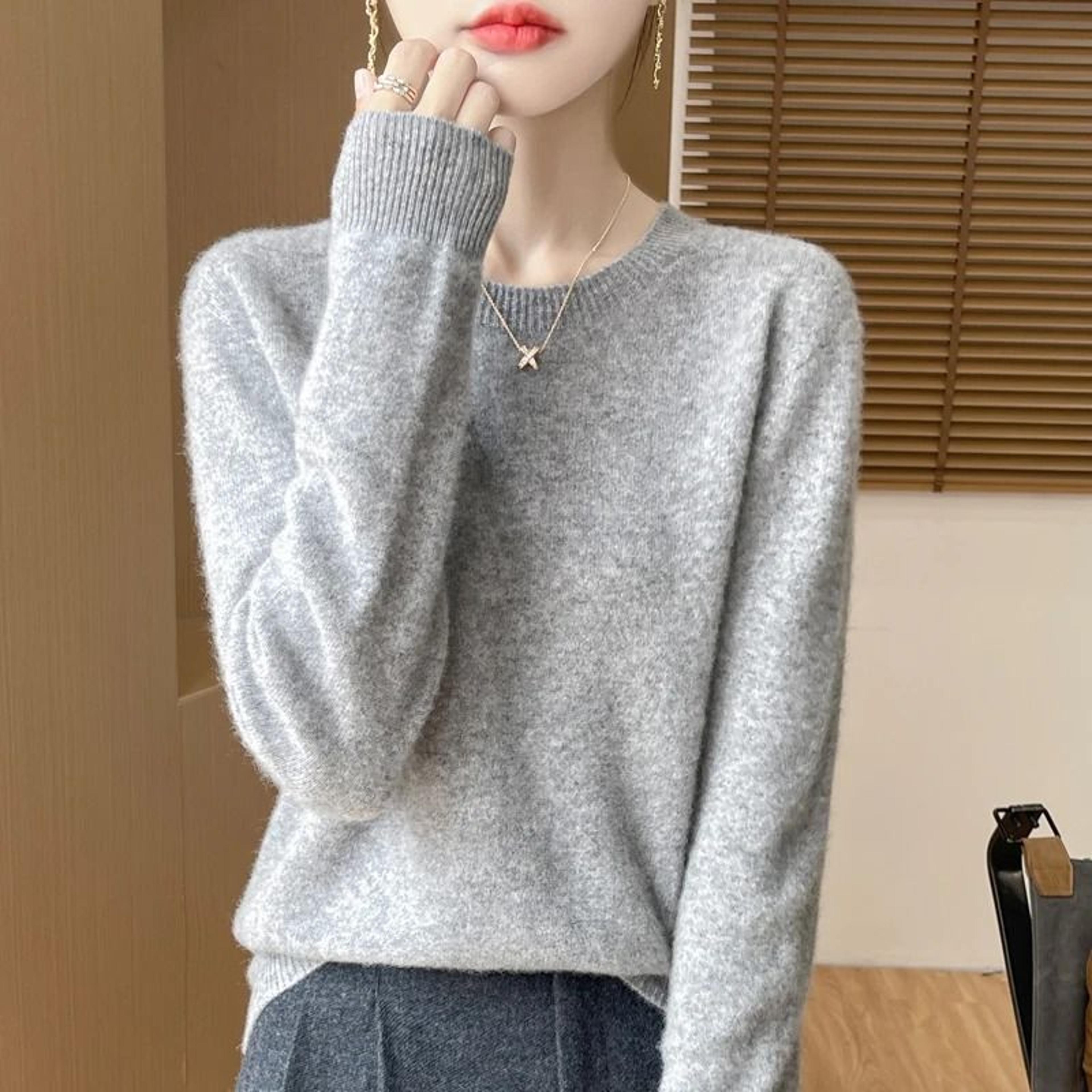 Pure Merino Wool O Neck Pullover Elegant Cashmere Feel Winter Sweater For Women 13