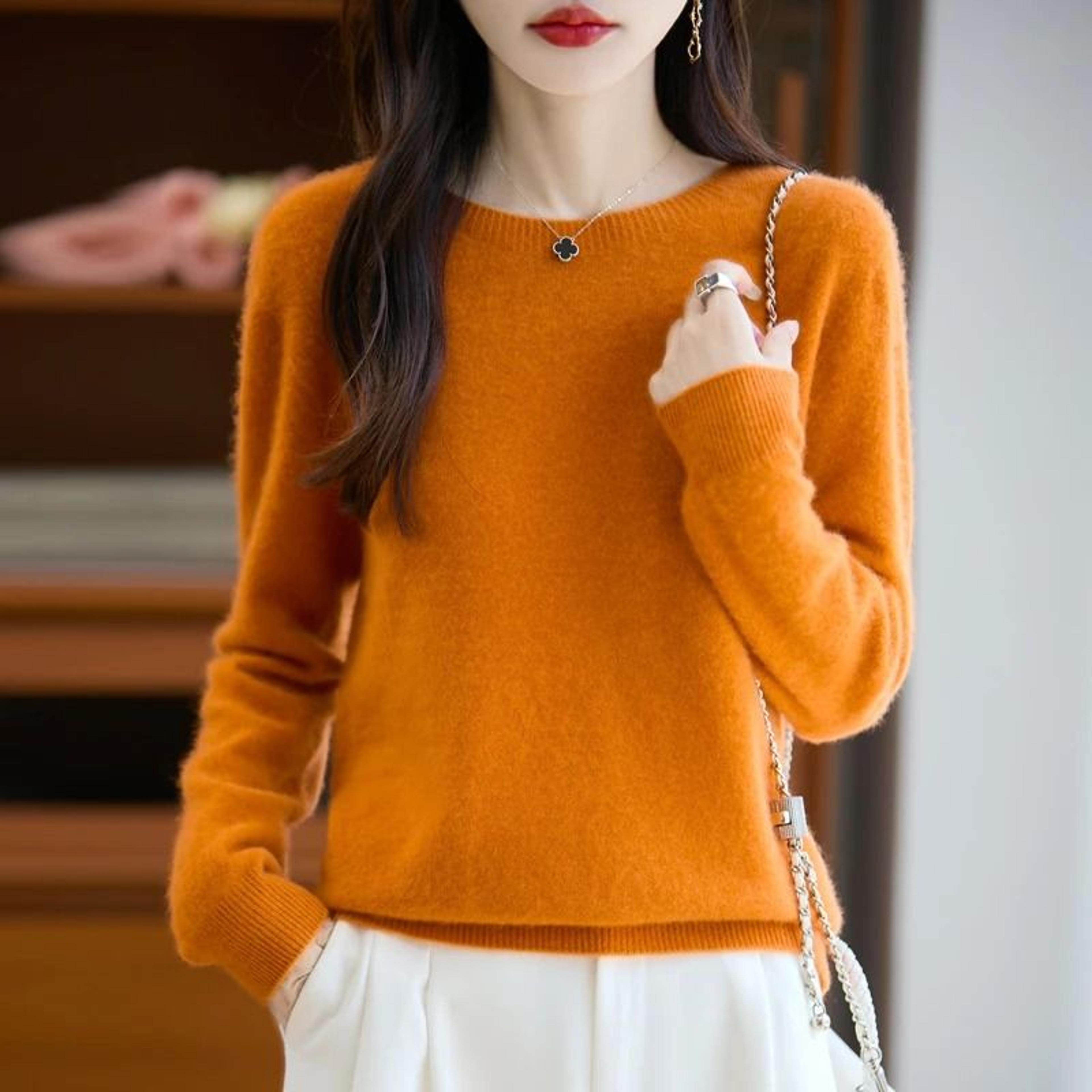 Pure Merino Wool O Neck Pullover Elegant Cashmere Feel Winter Sweater For Women 16
