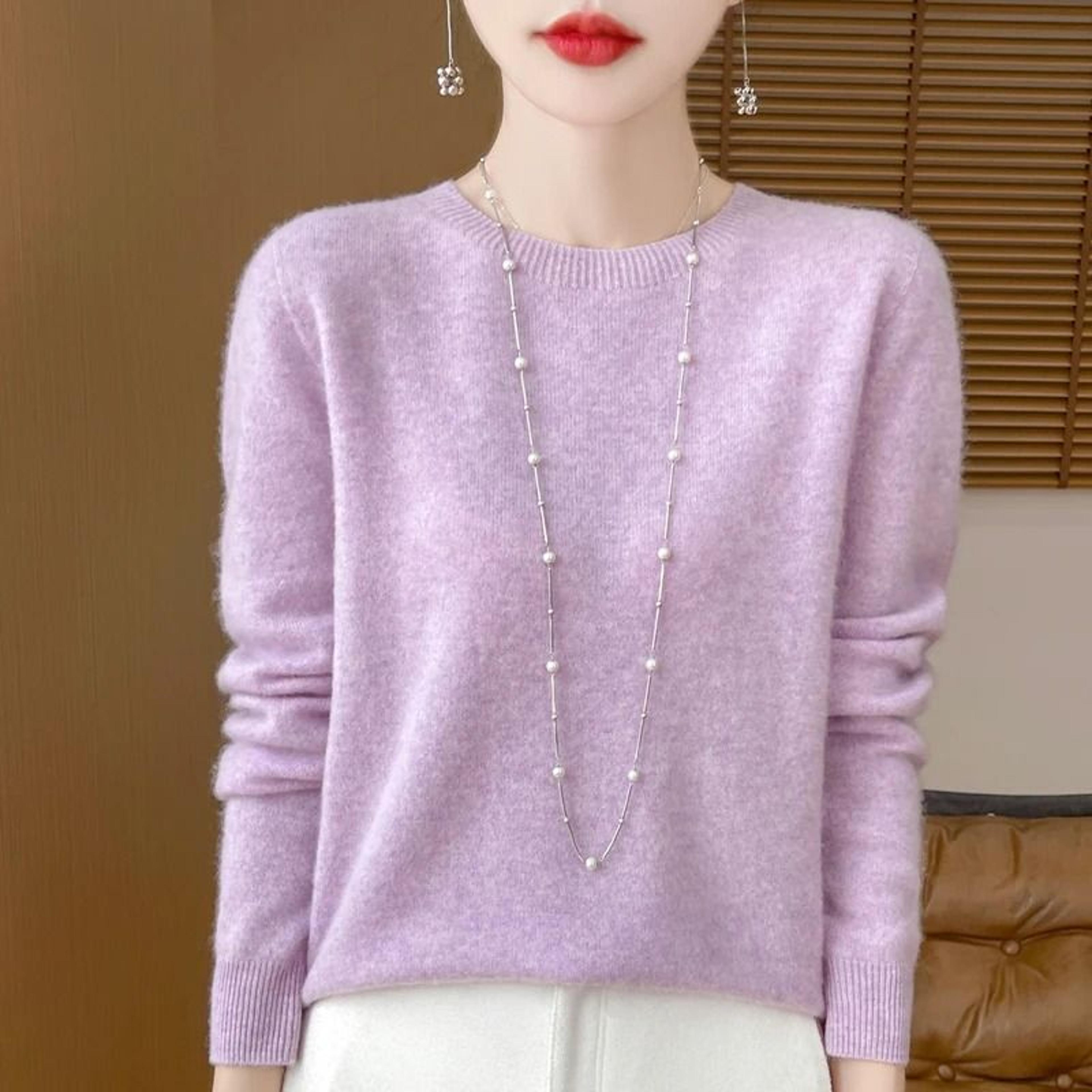 Pure Merino Wool O Neck Pullover Elegant Cashmere Feel Winter Sweater For Women 17