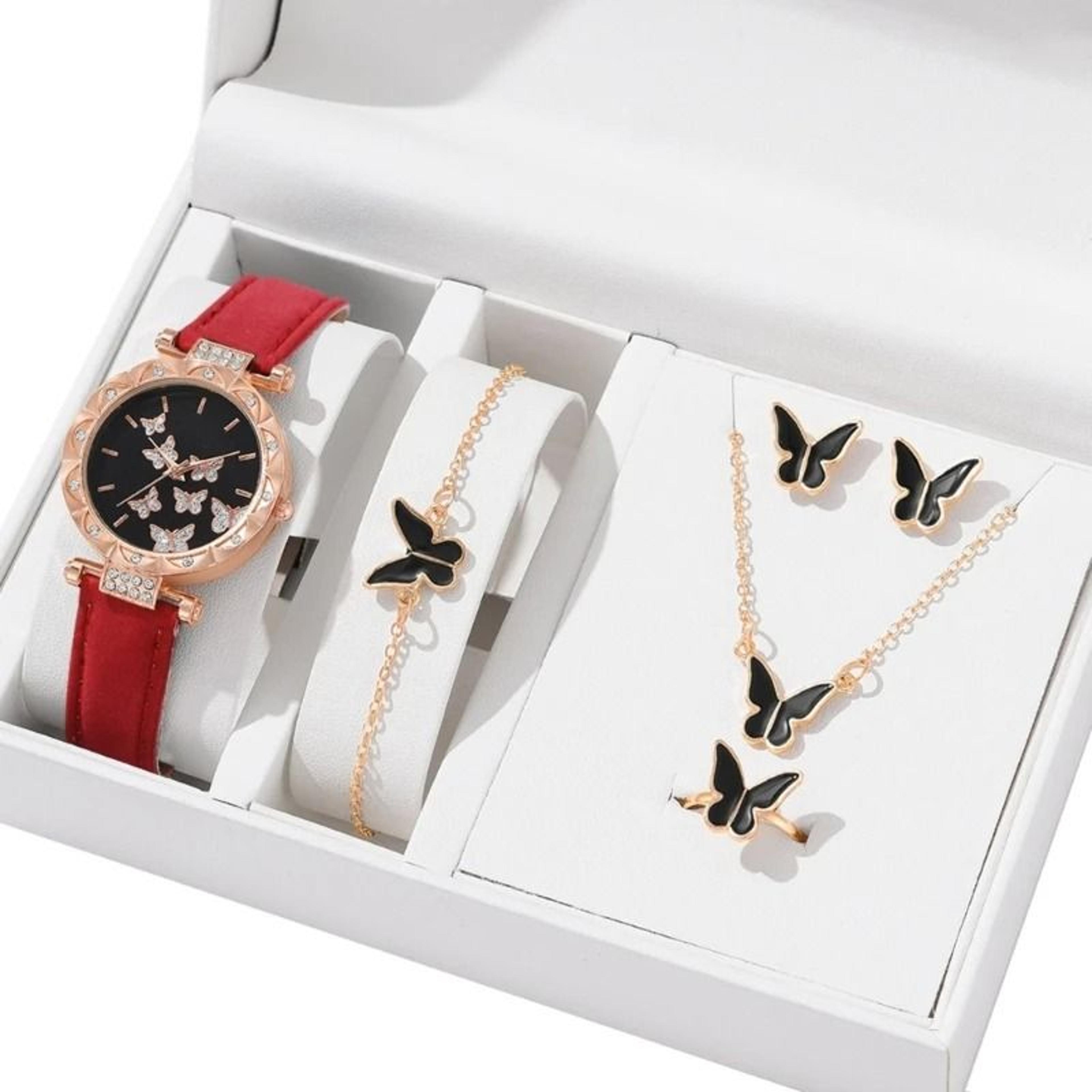 Butterfly Jewelry Set Fashion Womens Quartz Watch Leather Band Necklace Earrings Bracelet And Adjus 9
