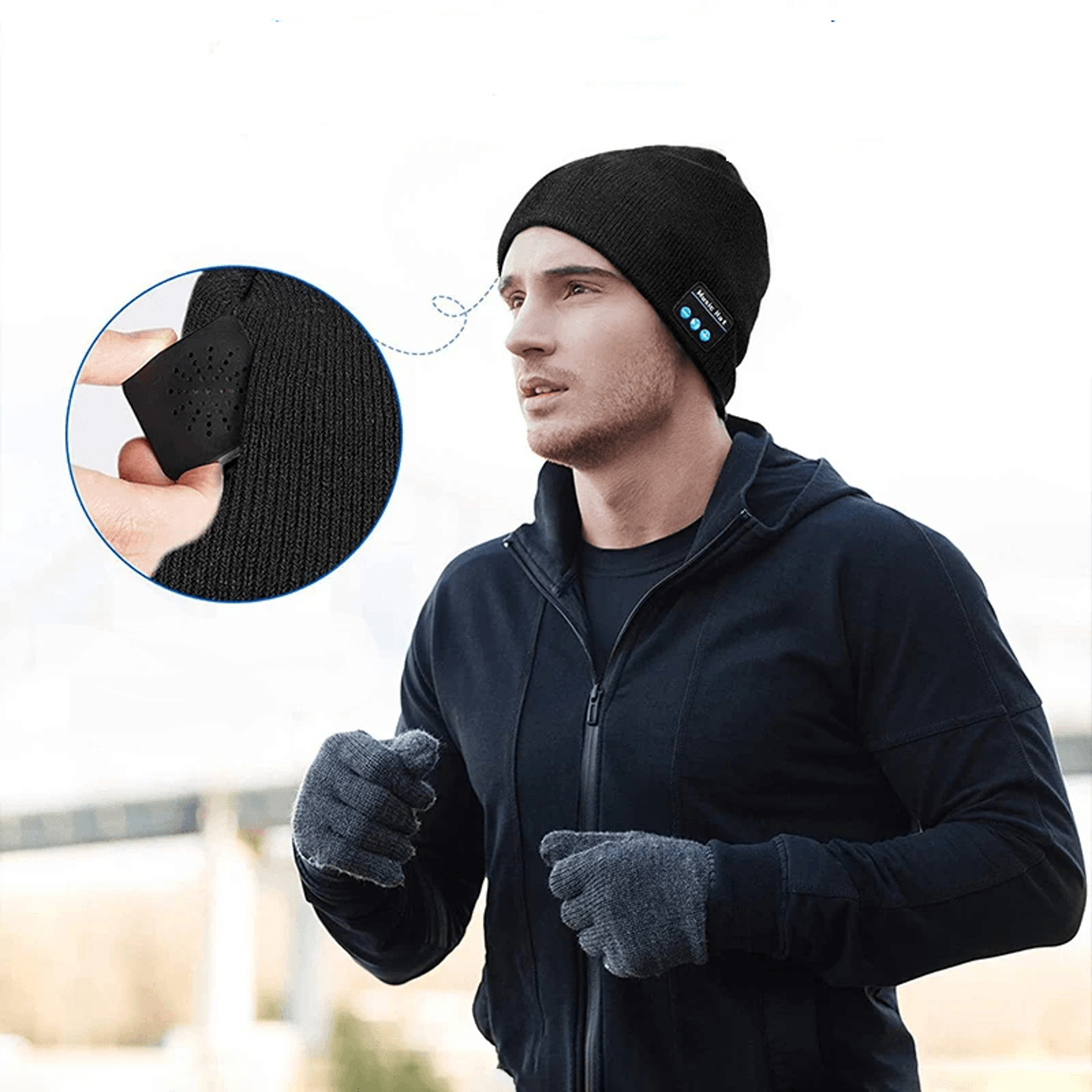 man wearing Bluetooth music beanie