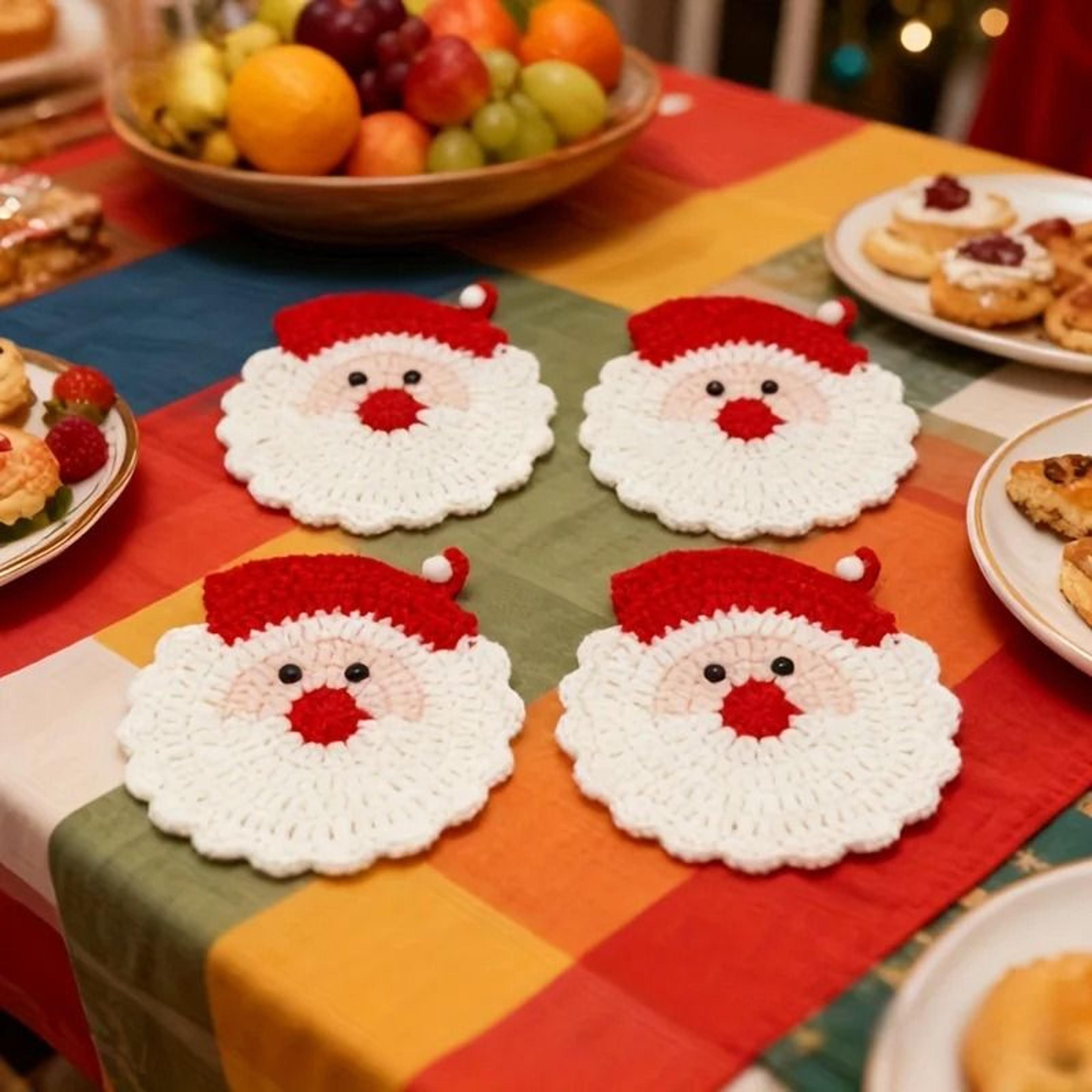 Handmade Crochet Santa Claus Holiday Coasters Set 3