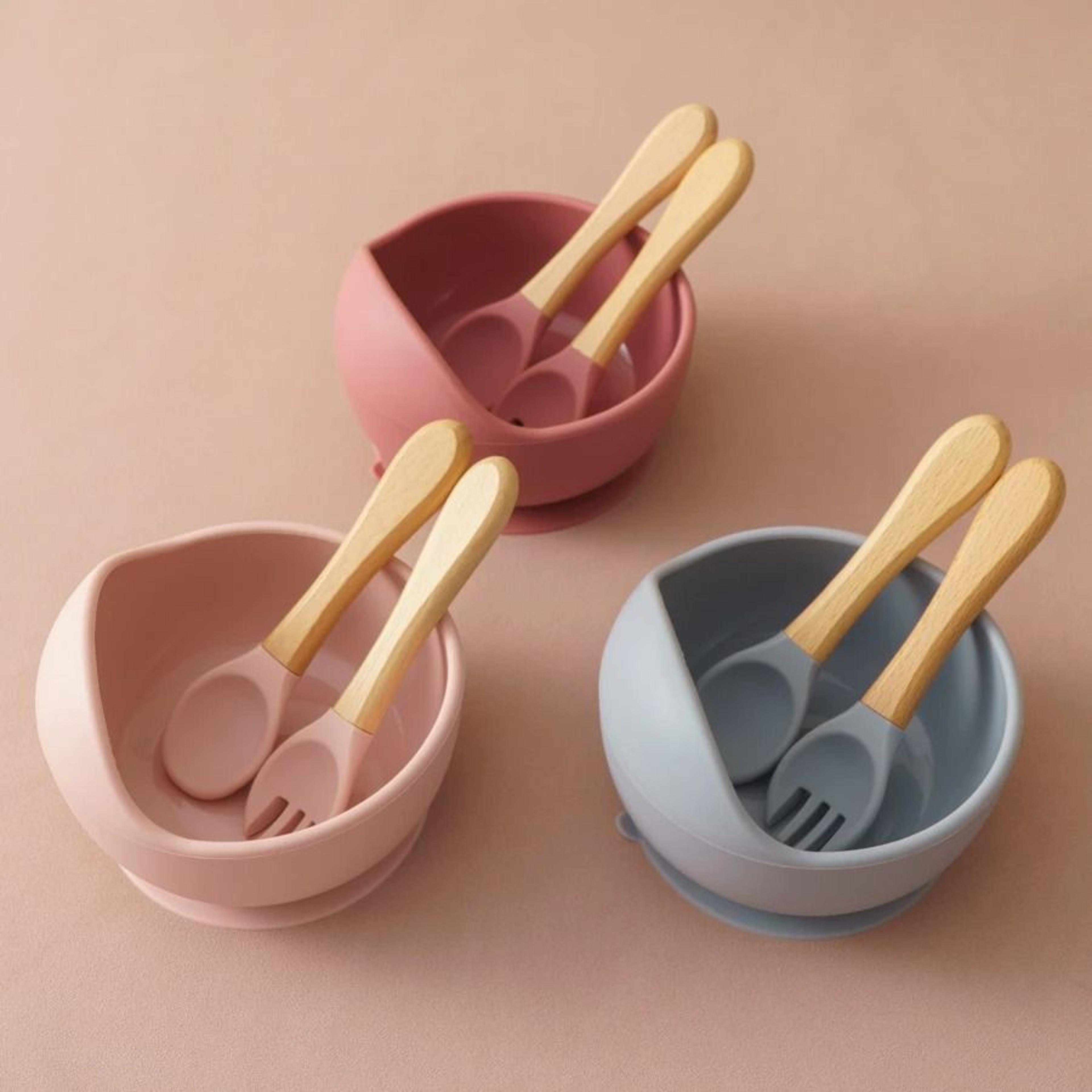 3 piece wood and silicone kids feeding bowl set