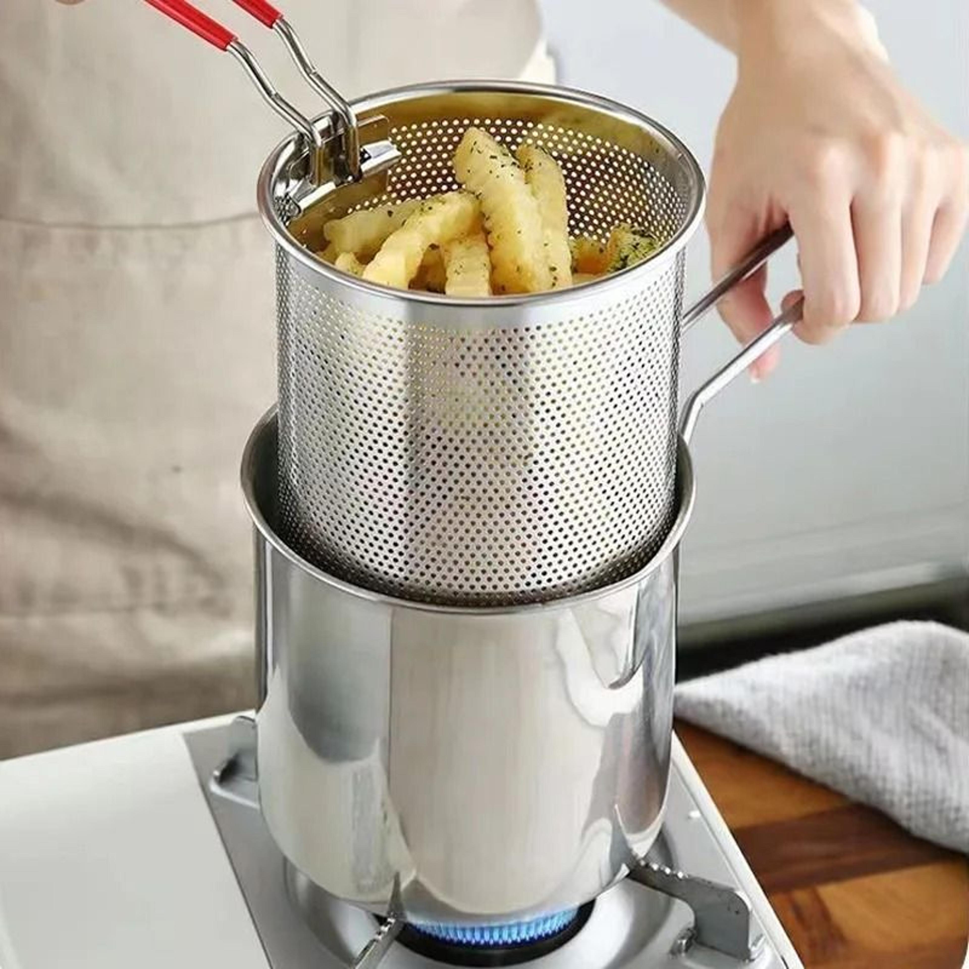 japanese style deep frying pot with integrated drain rack