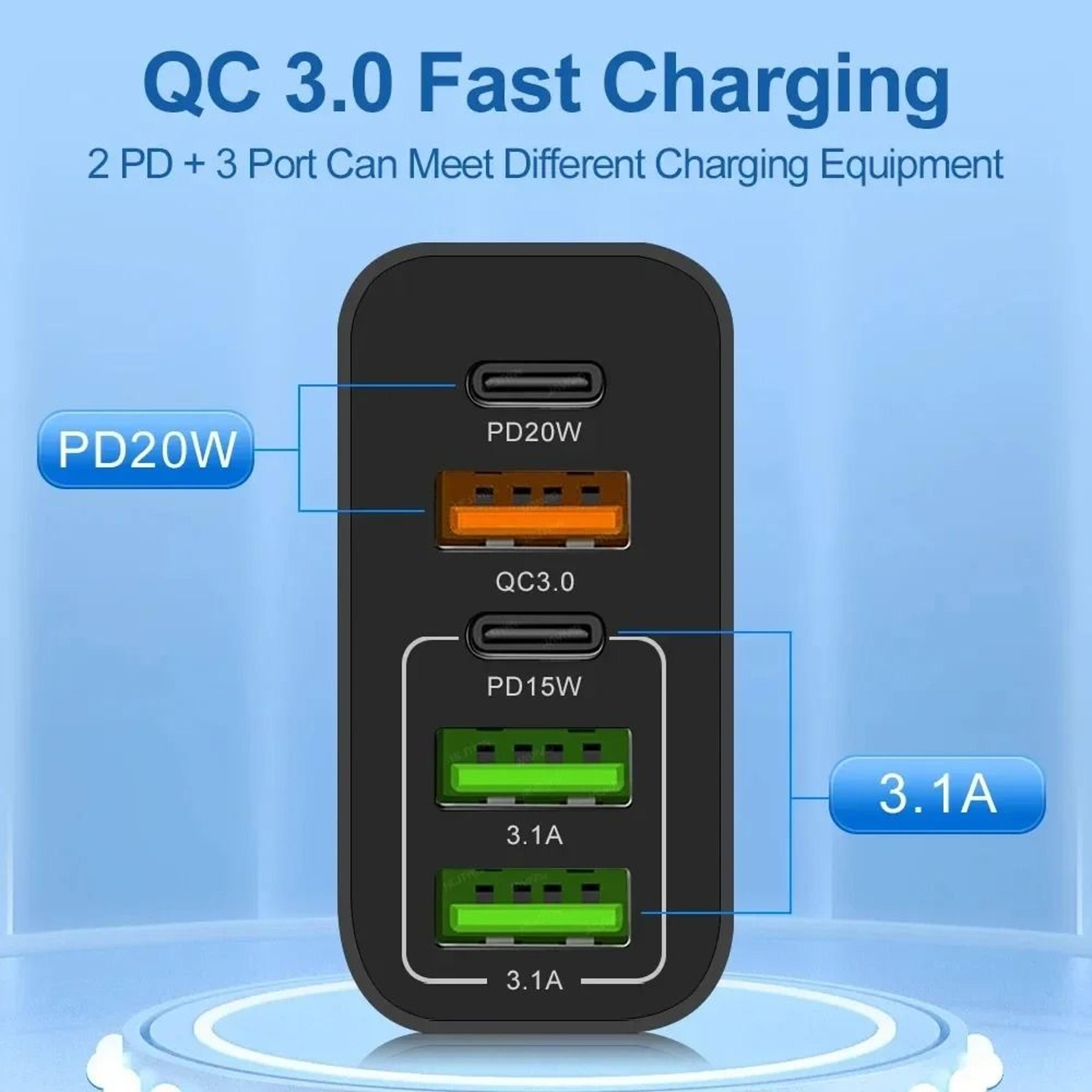 65W 5 Port Multi Device USB Wall Charger 3
