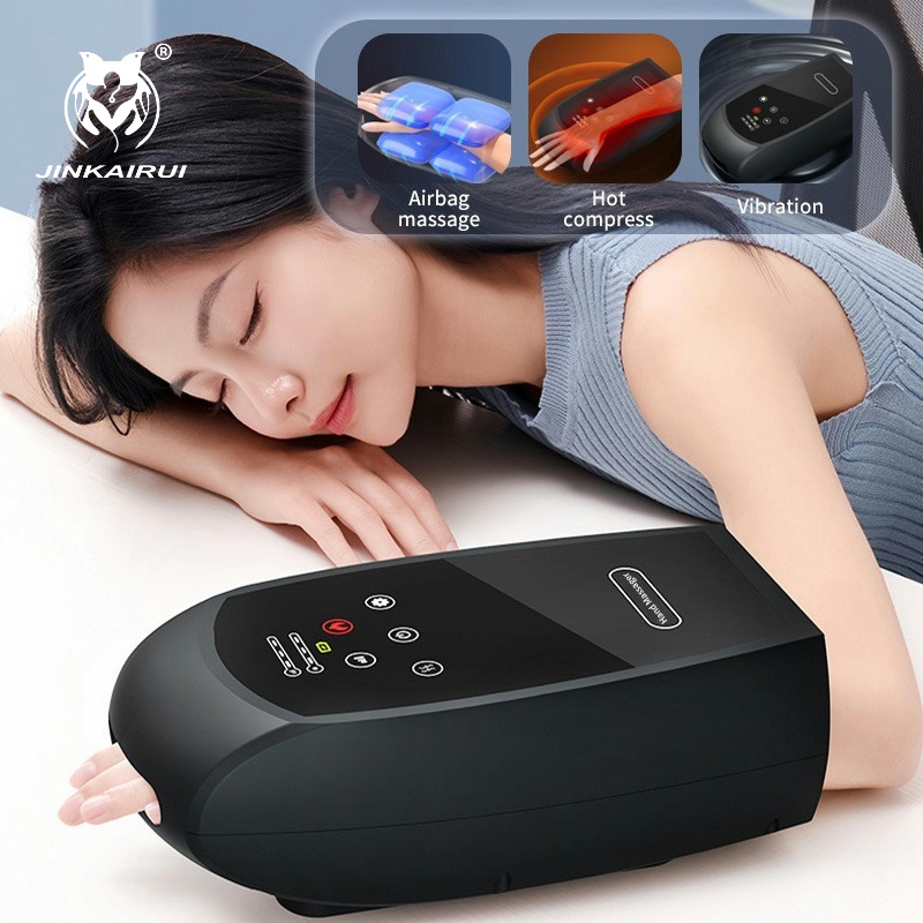 electric hand massager, cordless finger massage gift, warm heating vibration, airbag compression, touchscreen control