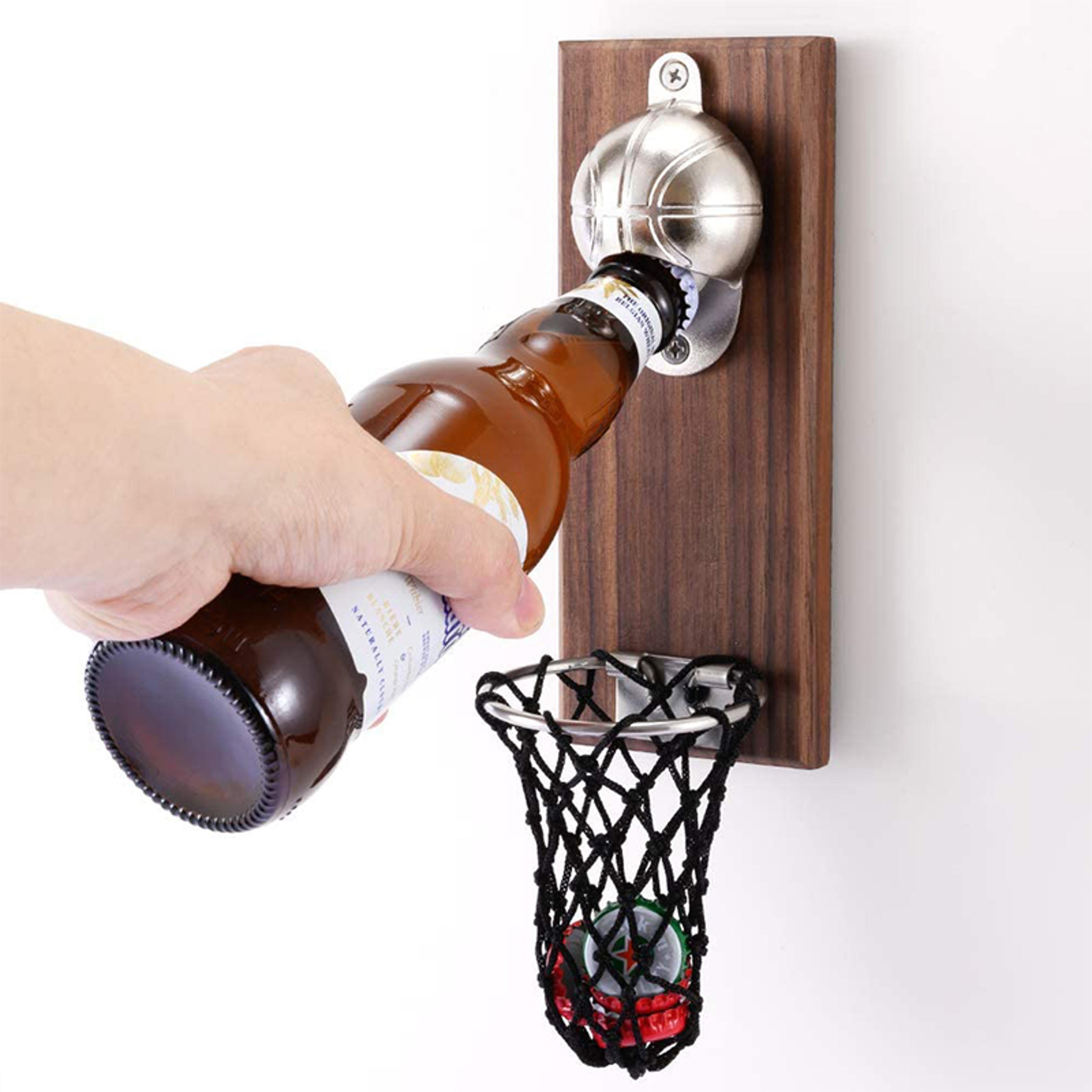 basketball magnetic wall mounted wooden bottle opener with cap catcher gift