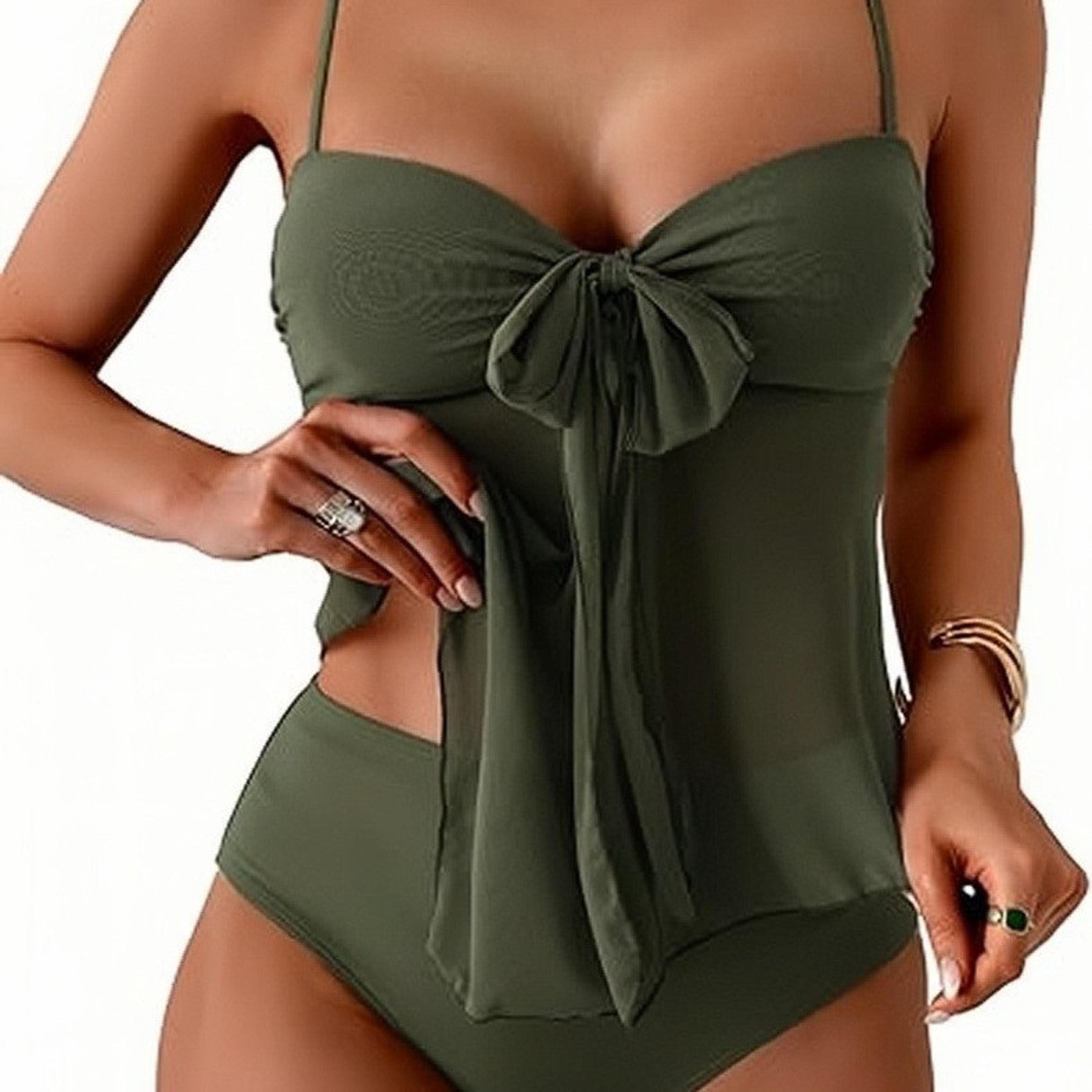 Elegant Front Bow Strapless Bikini Set With Chiffon Wrap High Cut Bandeau Swimsuit 1