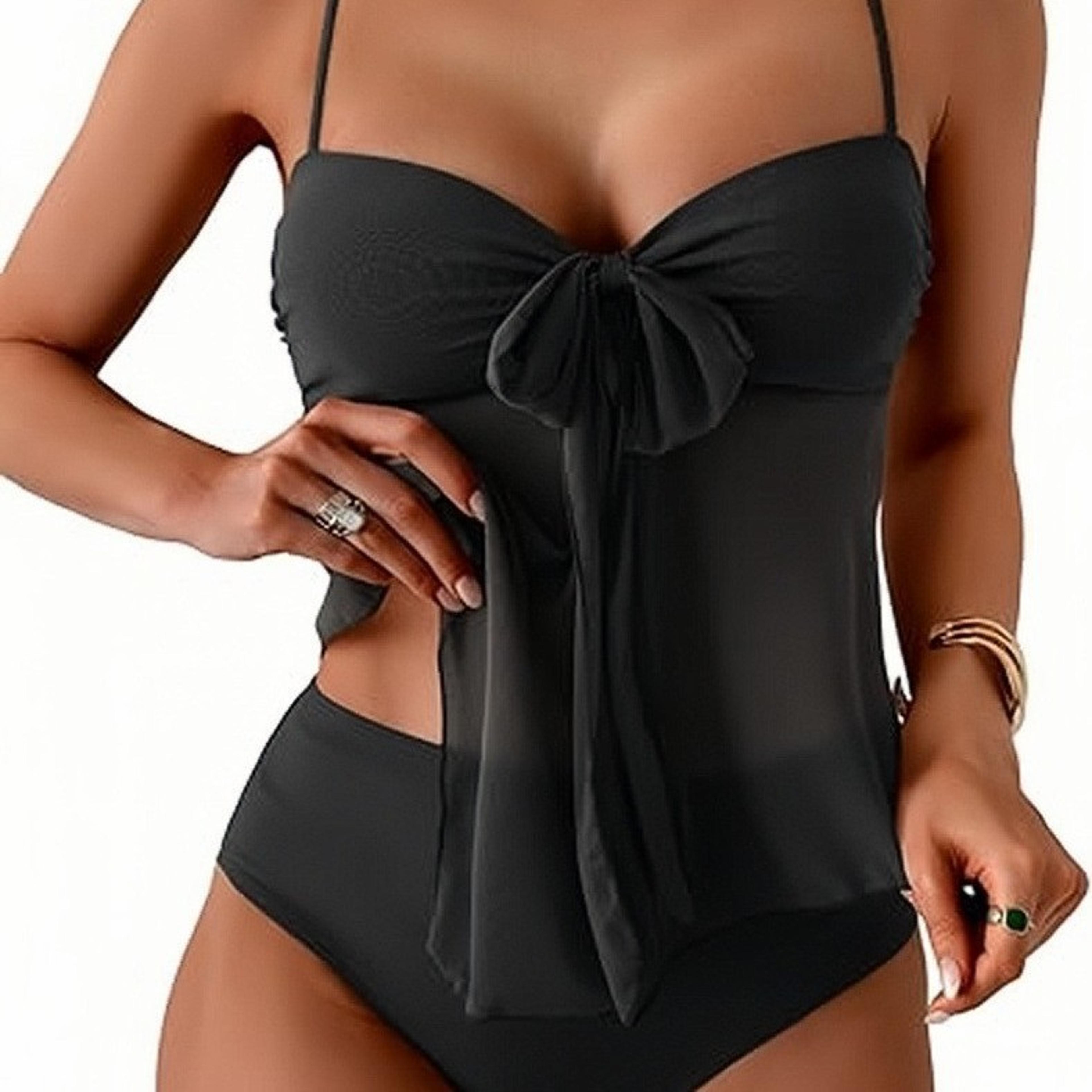 Elegant Front Bow Strapless Bikini Set With Chiffon Wrap High Cut Bandeau Swimsuit 2