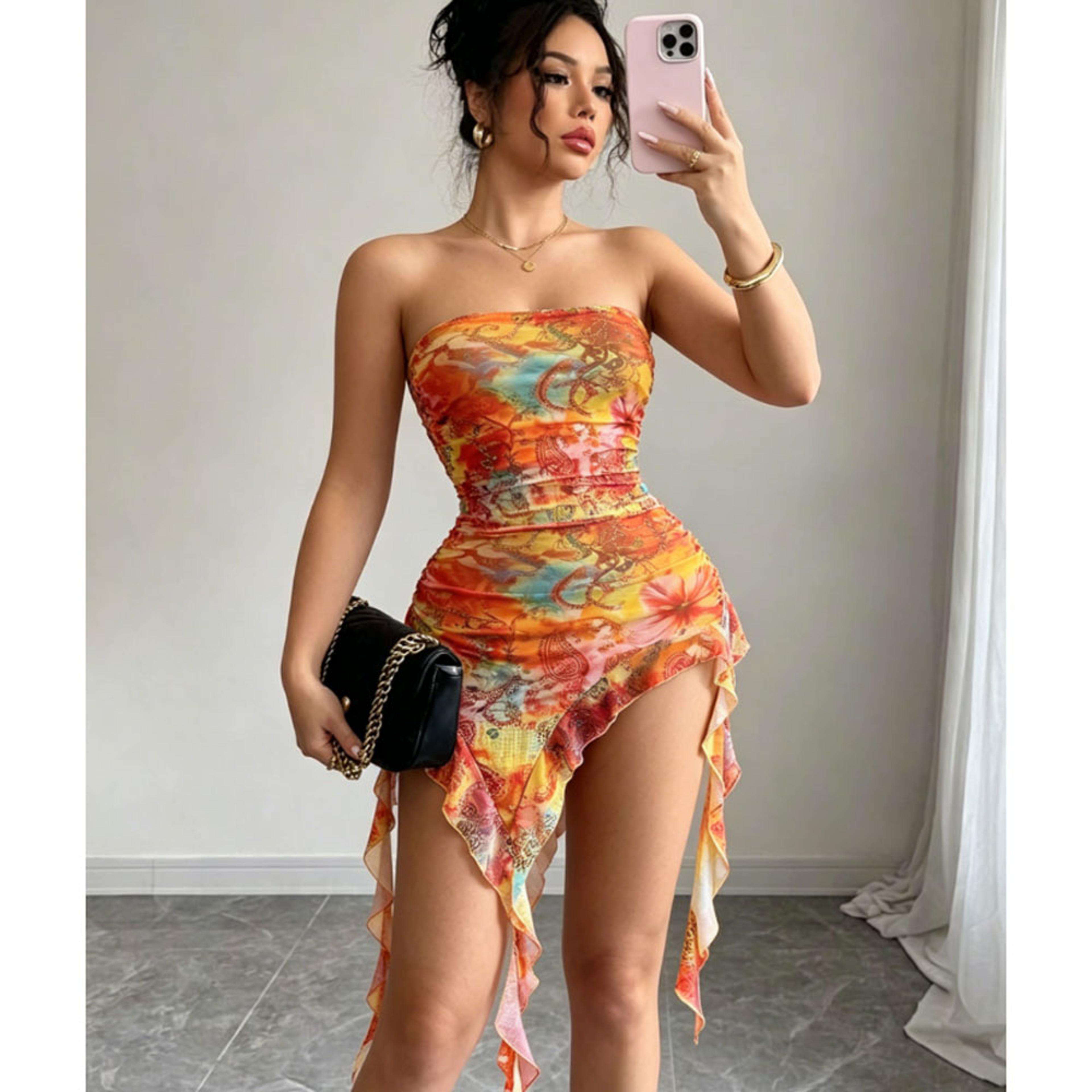 strapless asymmetrical print mini dress for women