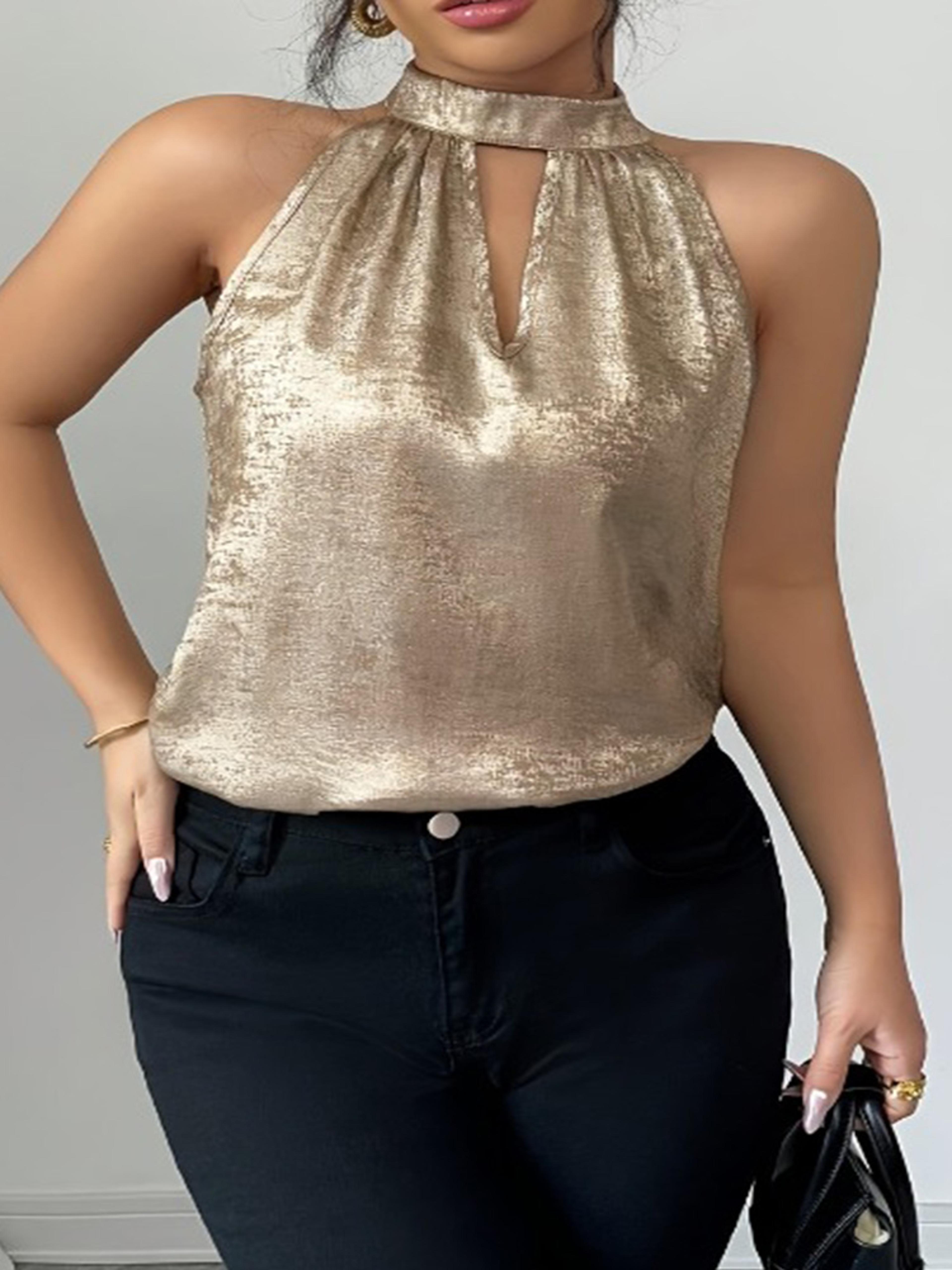 Champagne Luxe Halter Neck Top With Off Shoulder Cutout Elegant Sleeveless Blouse 5