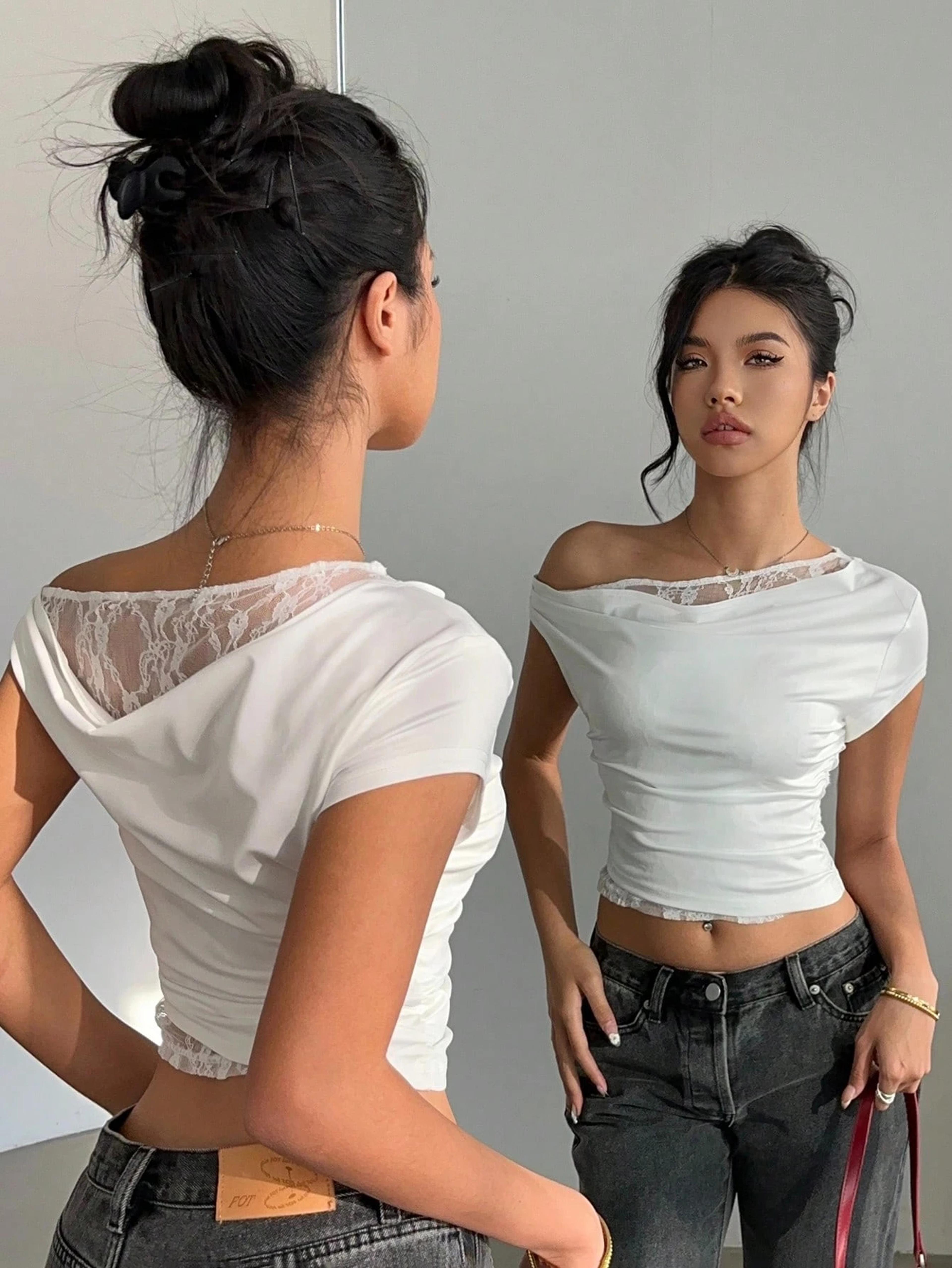 Elegant One Shoulder Crop Top With Lace Patchwork Slim Fit Drape Neck Blouse 5