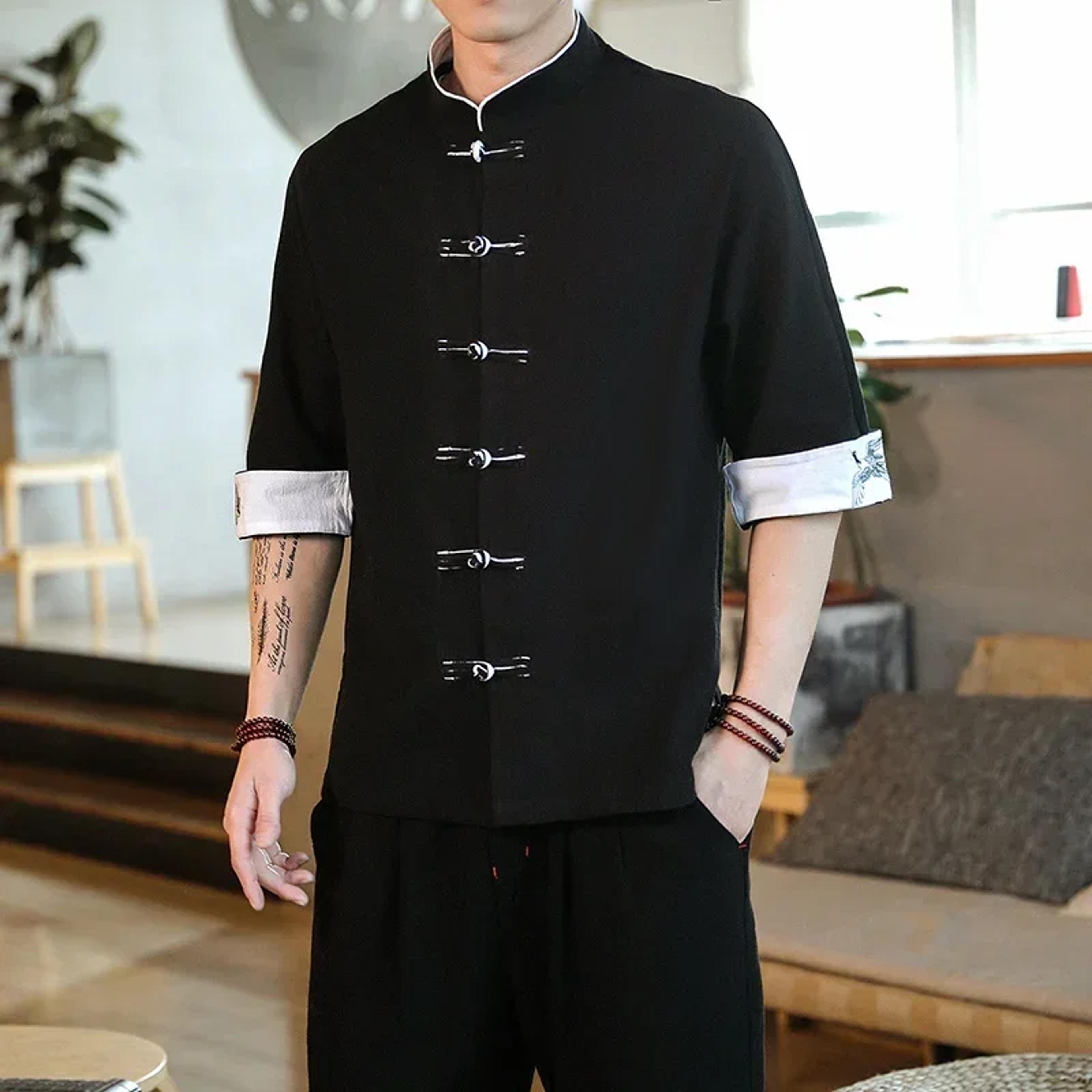 Heritage Chinese Linen Shirt With Crane Embroidery Mandarin Collar Shirt For Men 0
