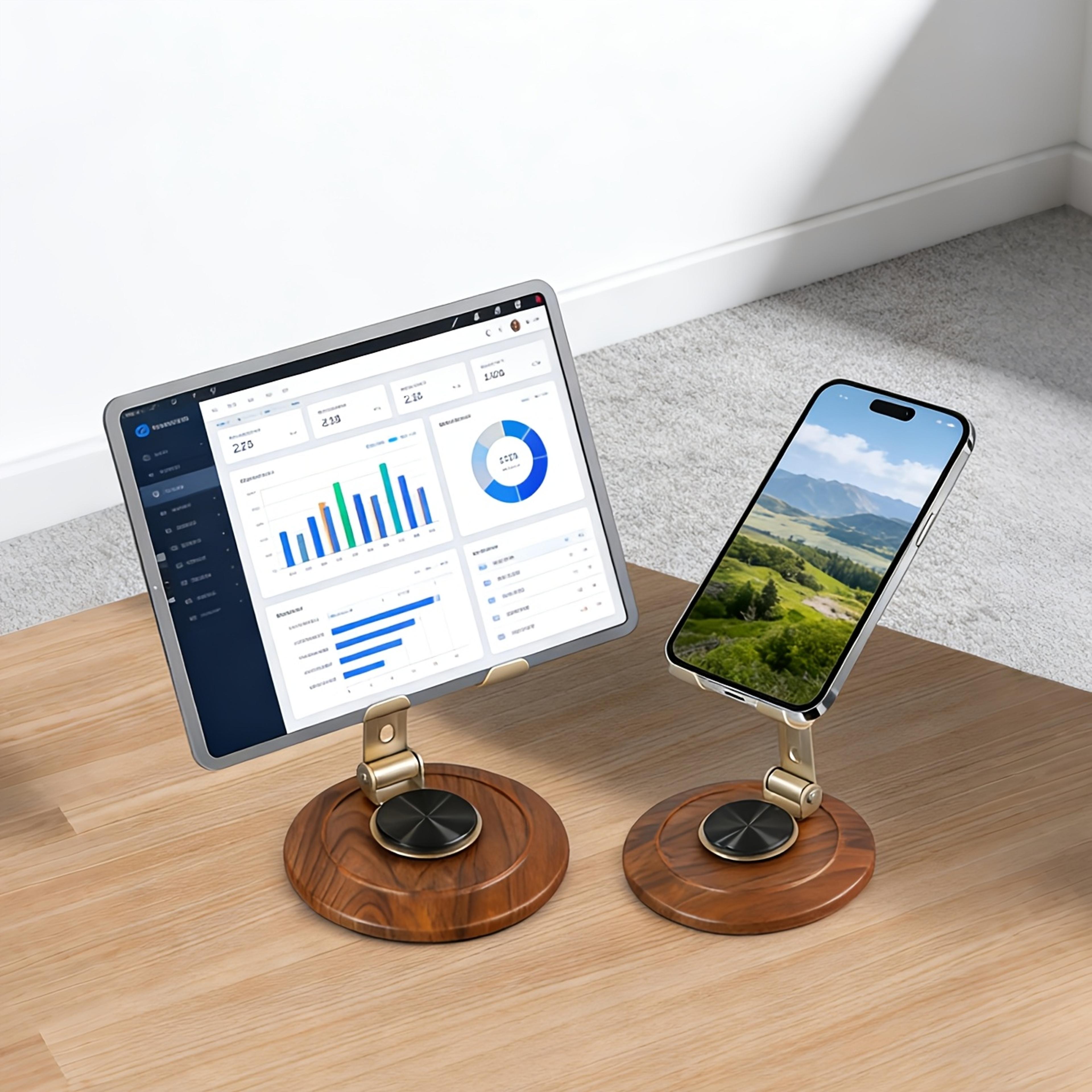 Rotating Phone Stand  Tablet Stand With Adjustable Metal Arm And Wooden Base 0