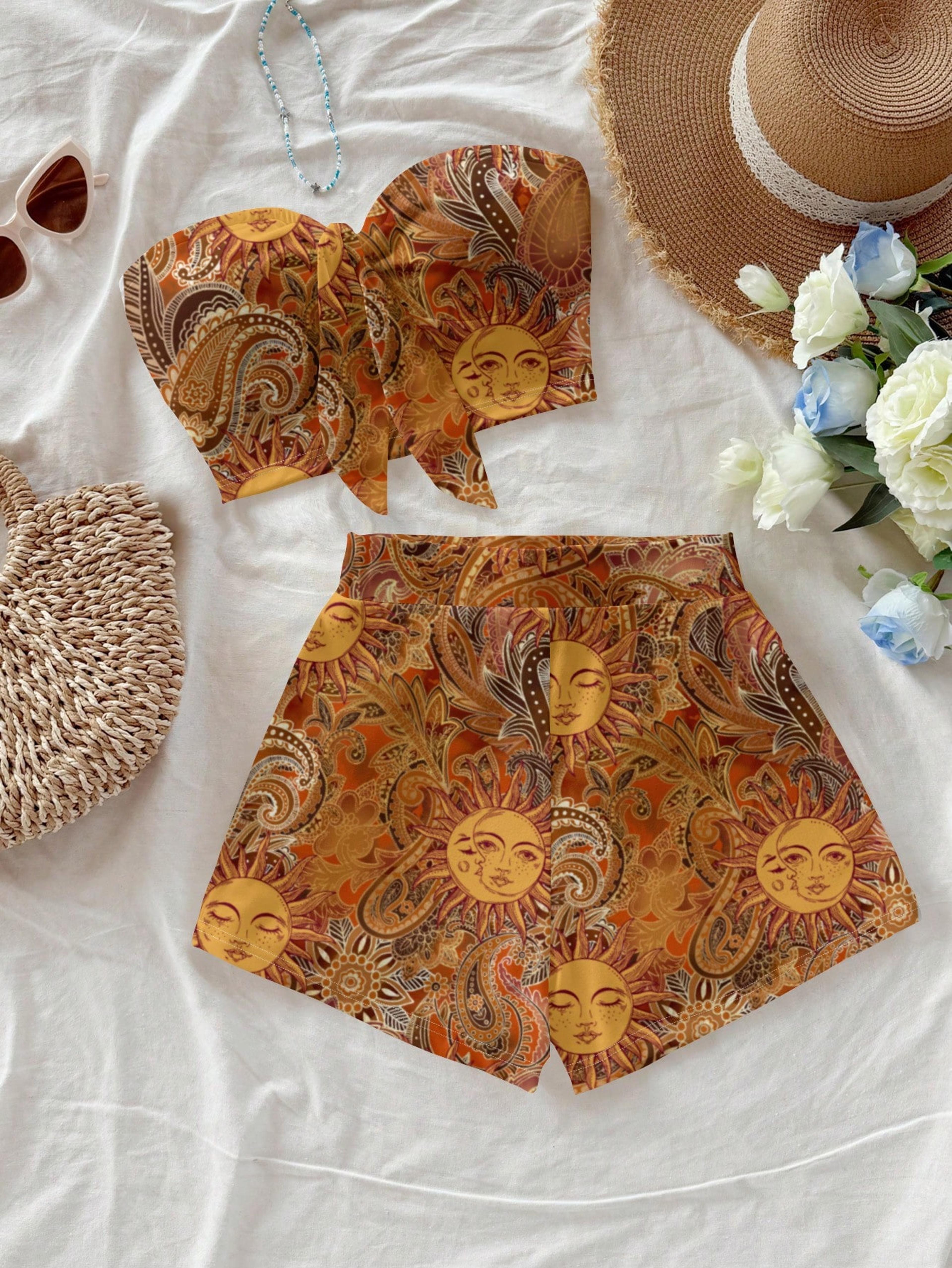 vintage sun god paisley boho set for women summer beach vacation outfit