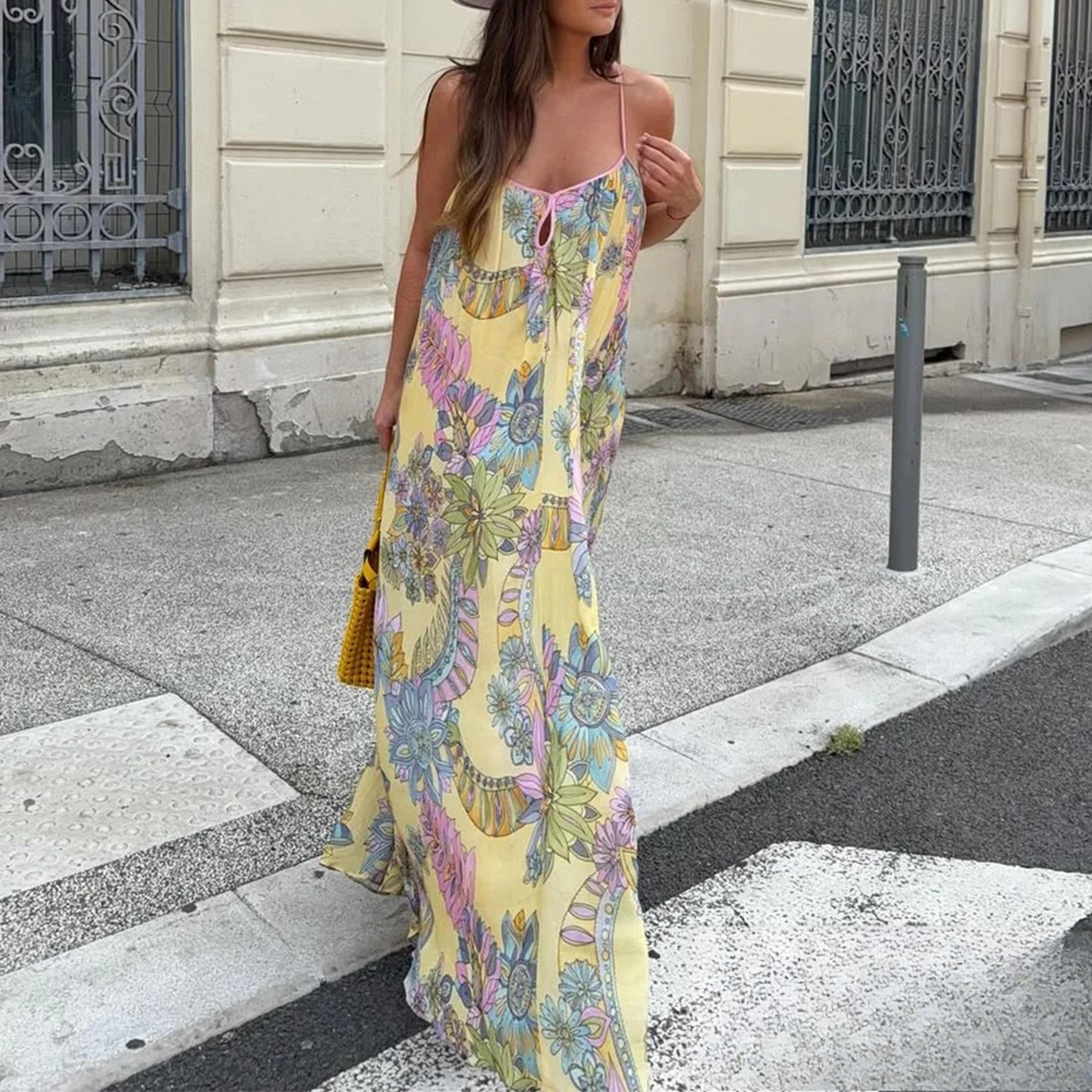 Floral Chiffon Summer Beach Dress Backless Flowy Cami Vacation Maxi Dress For Women 1