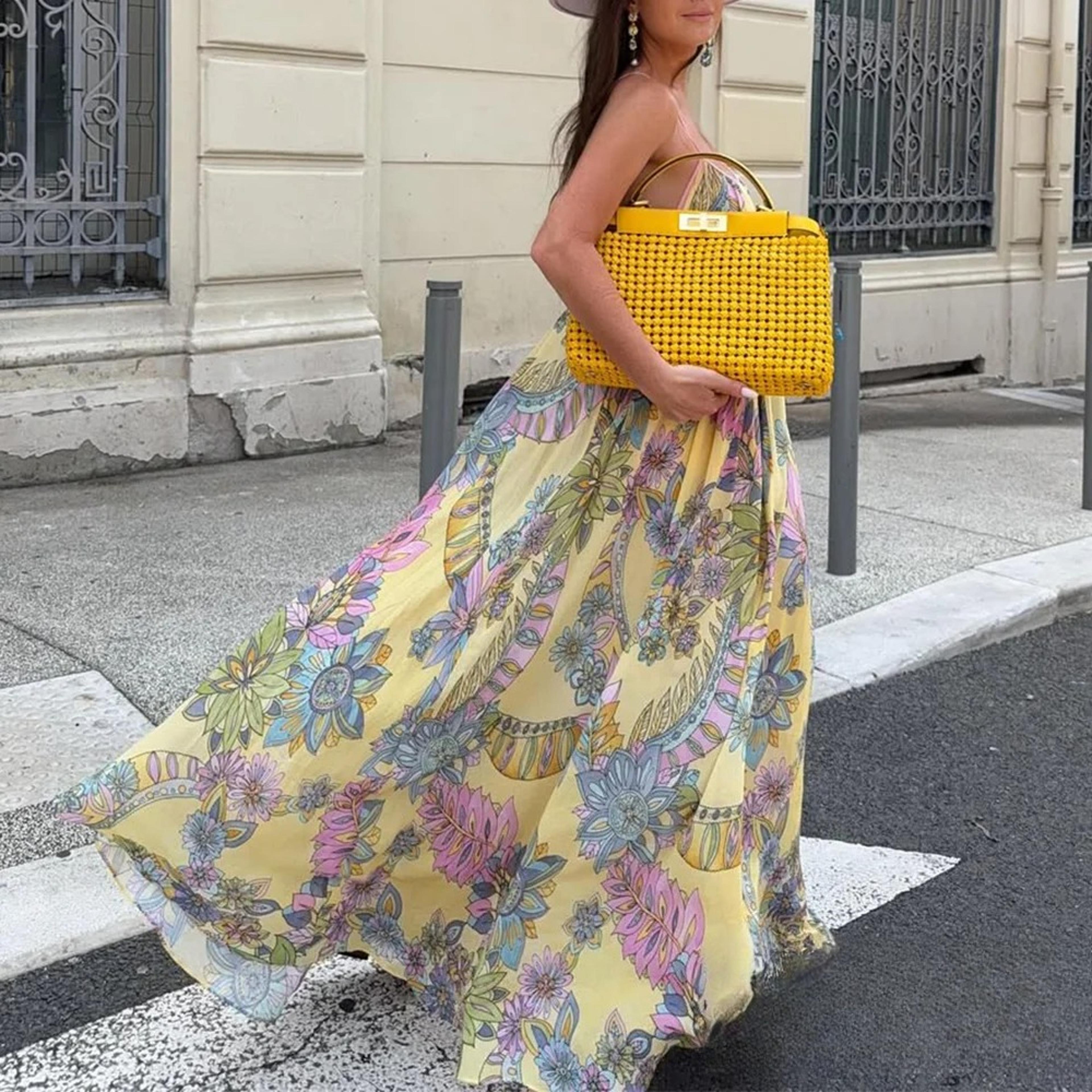 Floral Chiffon Summer Beach Dress Backless Flowy Cami Vacation Maxi Dress For Women 3