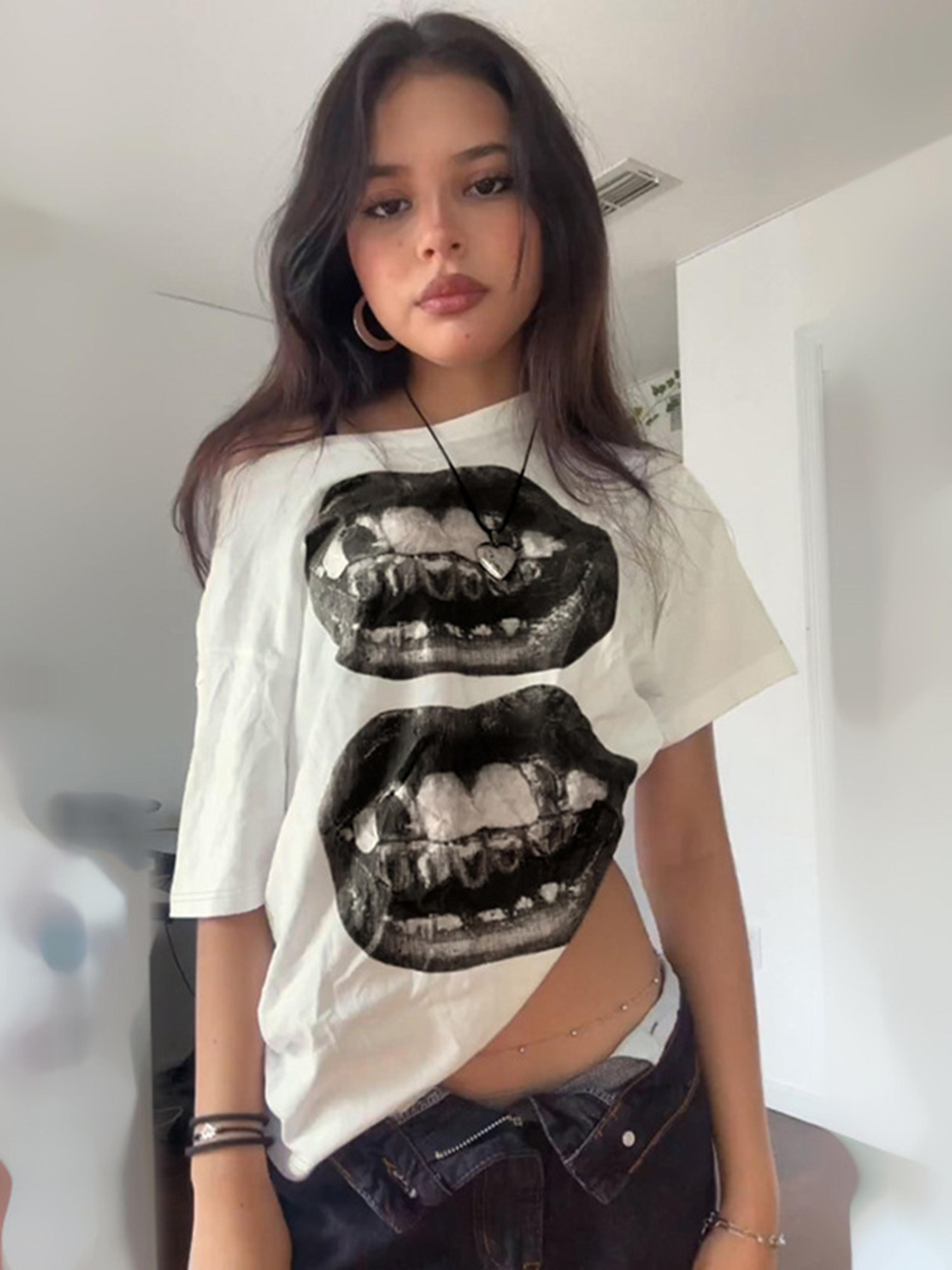 Oversized Graphic T Shirt For Women Hip Hop Mouth Print Loose Fit Streetwear Tee 3