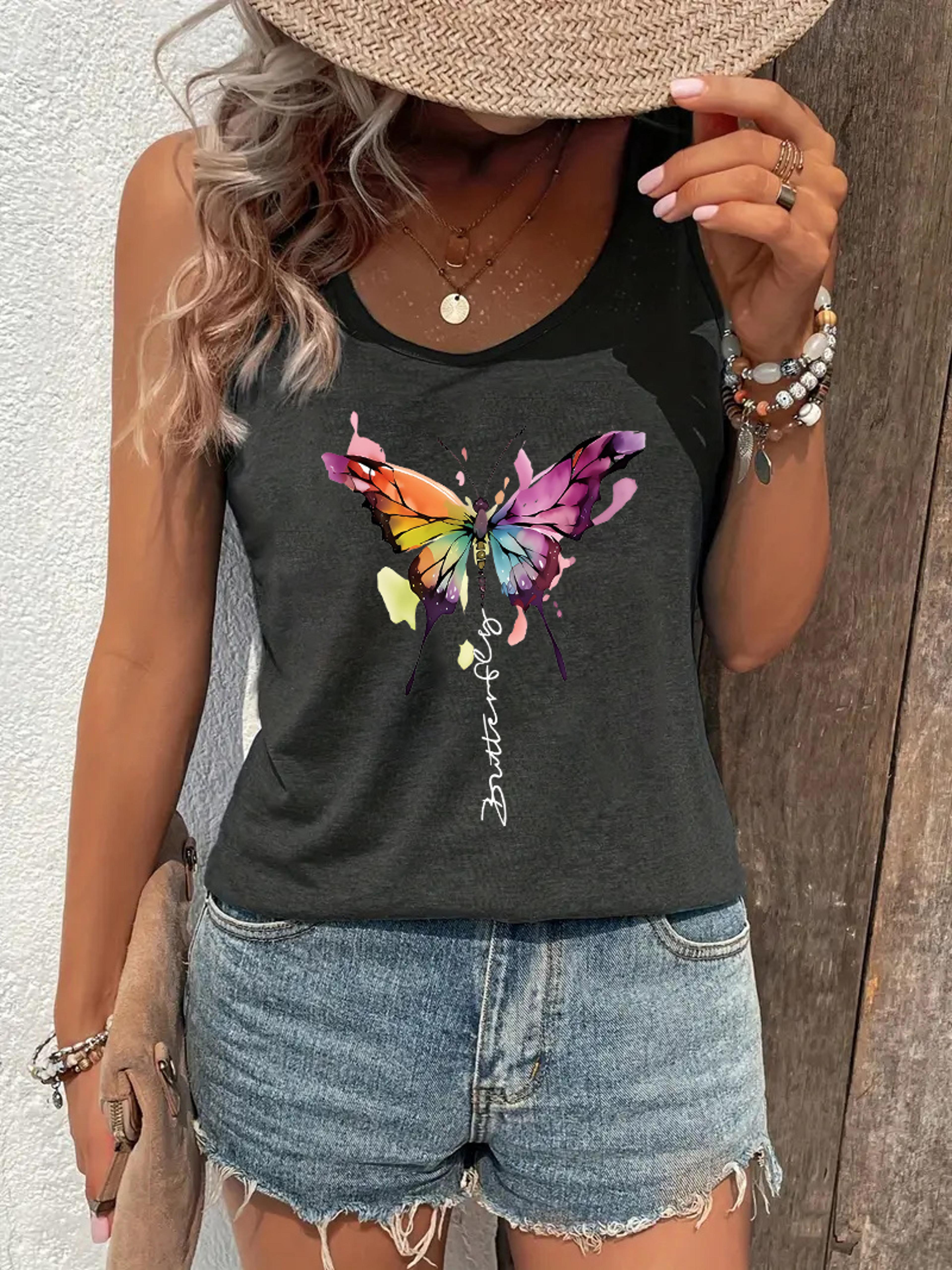 Butterfly Print Tank Top For Women Casual Summer Crew Neck Sleeveless Shirt 1