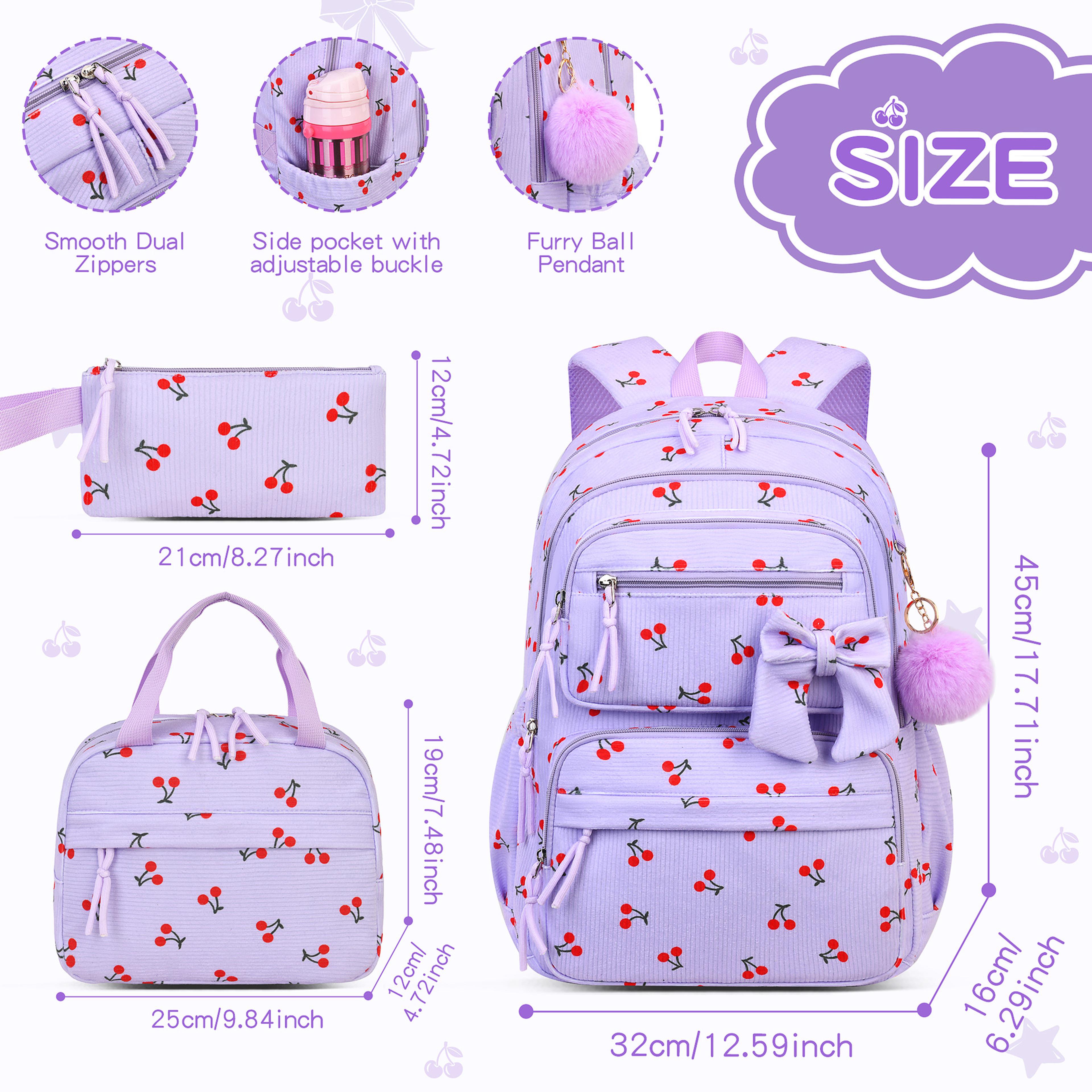 Cherry Corduroy Girls School Bag Set With Lunch Bag  Pencil Case Back To School Backpack 2