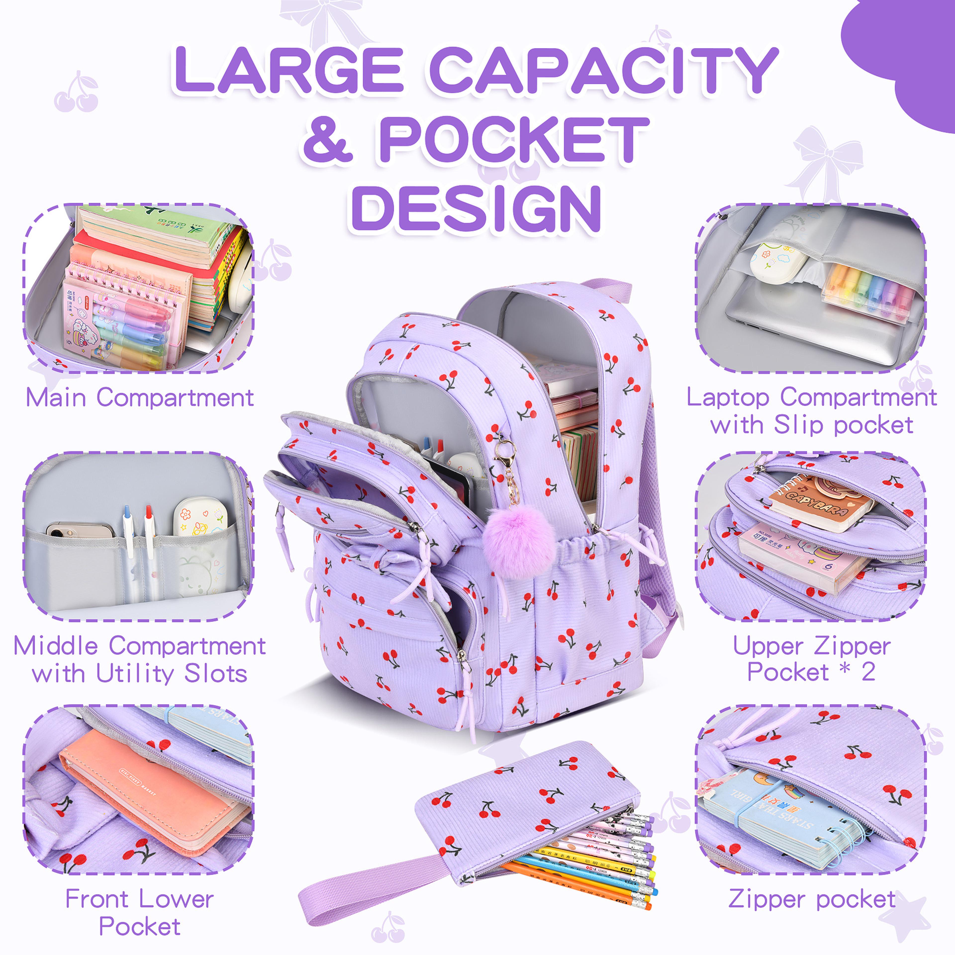Cherry Corduroy Girls School Bag Set With Lunch Bag  Pencil Case Back To School Backpack 1
