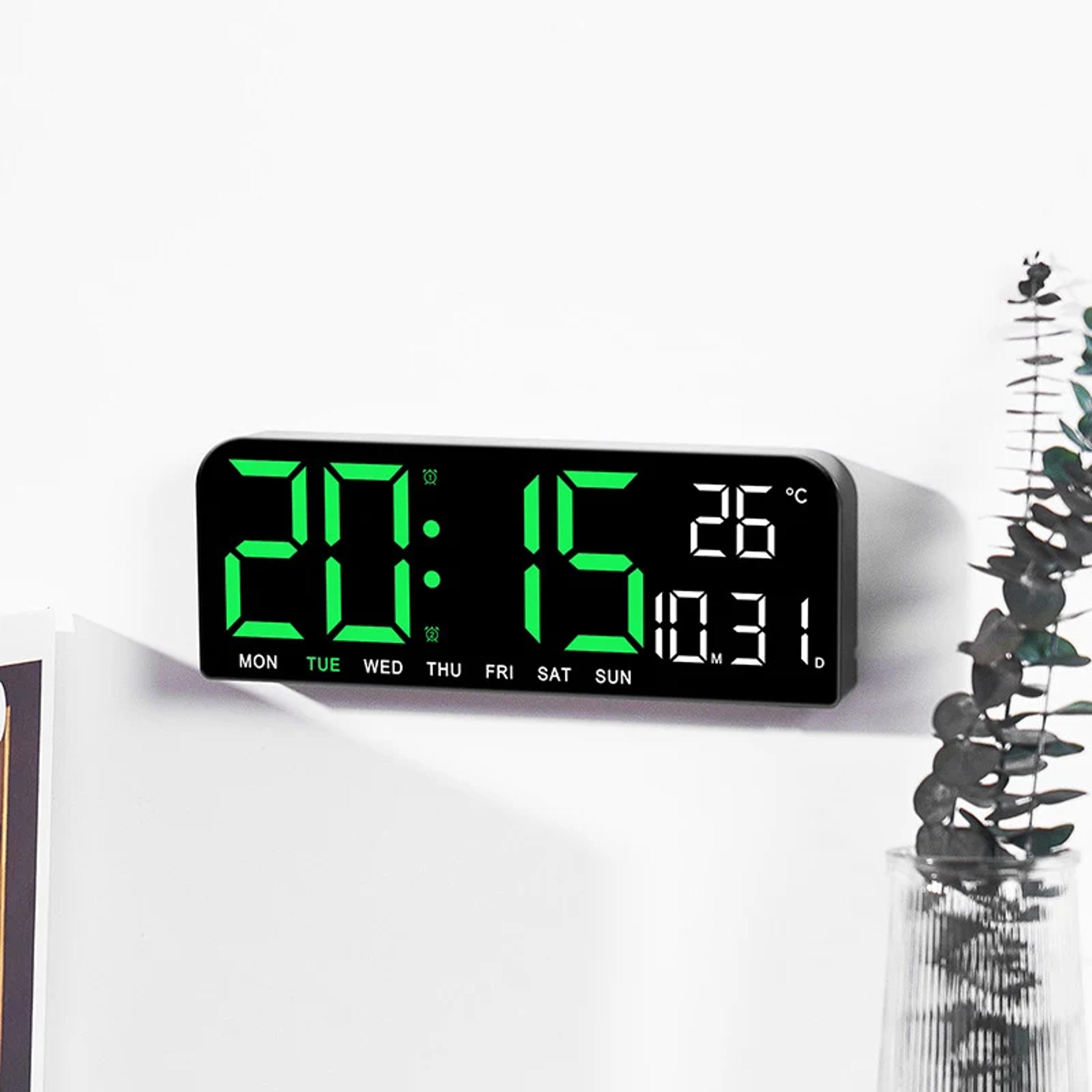 Large Digital Wall Clock With LED Display Temperature Date Dual Alarms  USB Power 2
