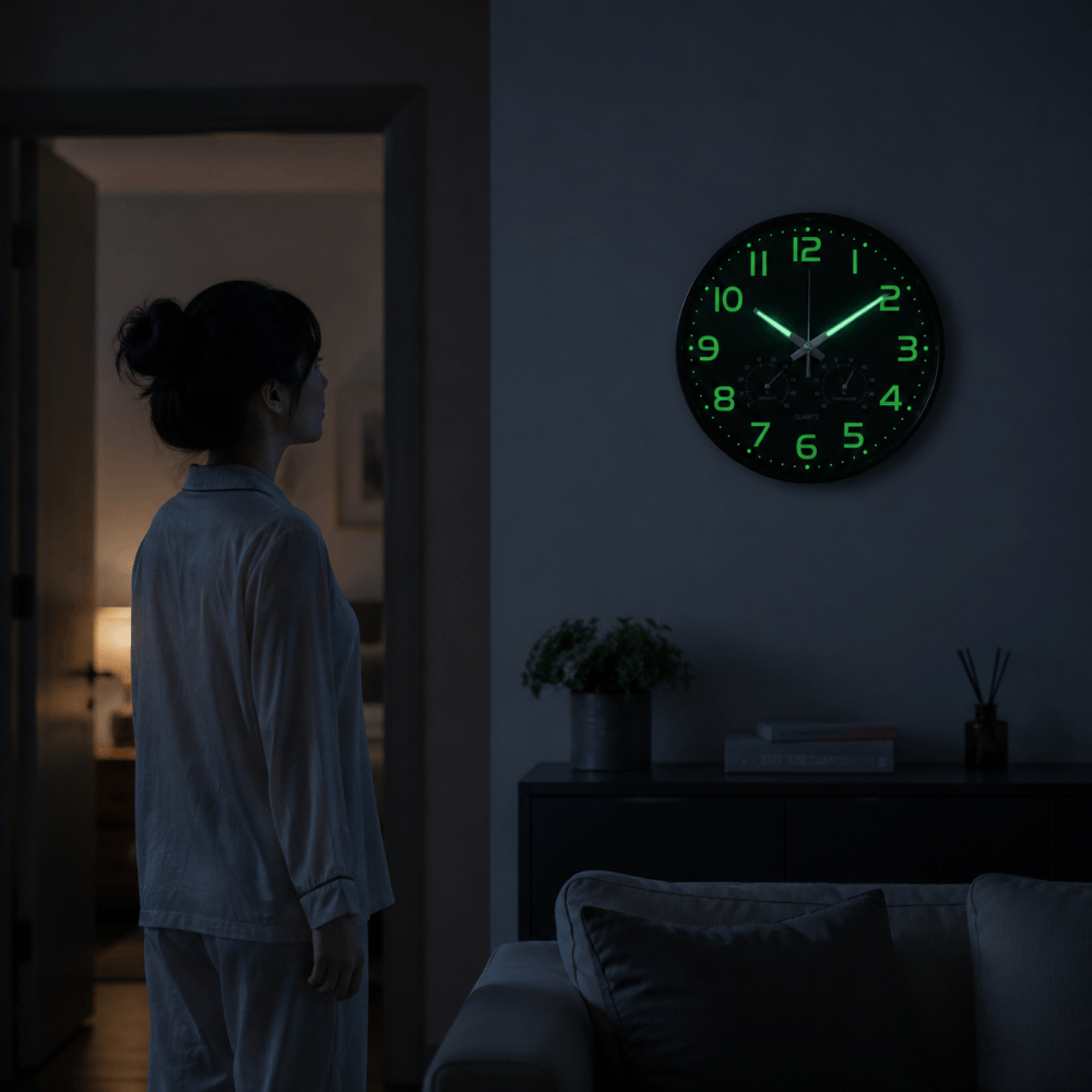 Glow In The Dark Silent Wall Clock With Temperature  Humidity Display For Bedroom And Living Room 1