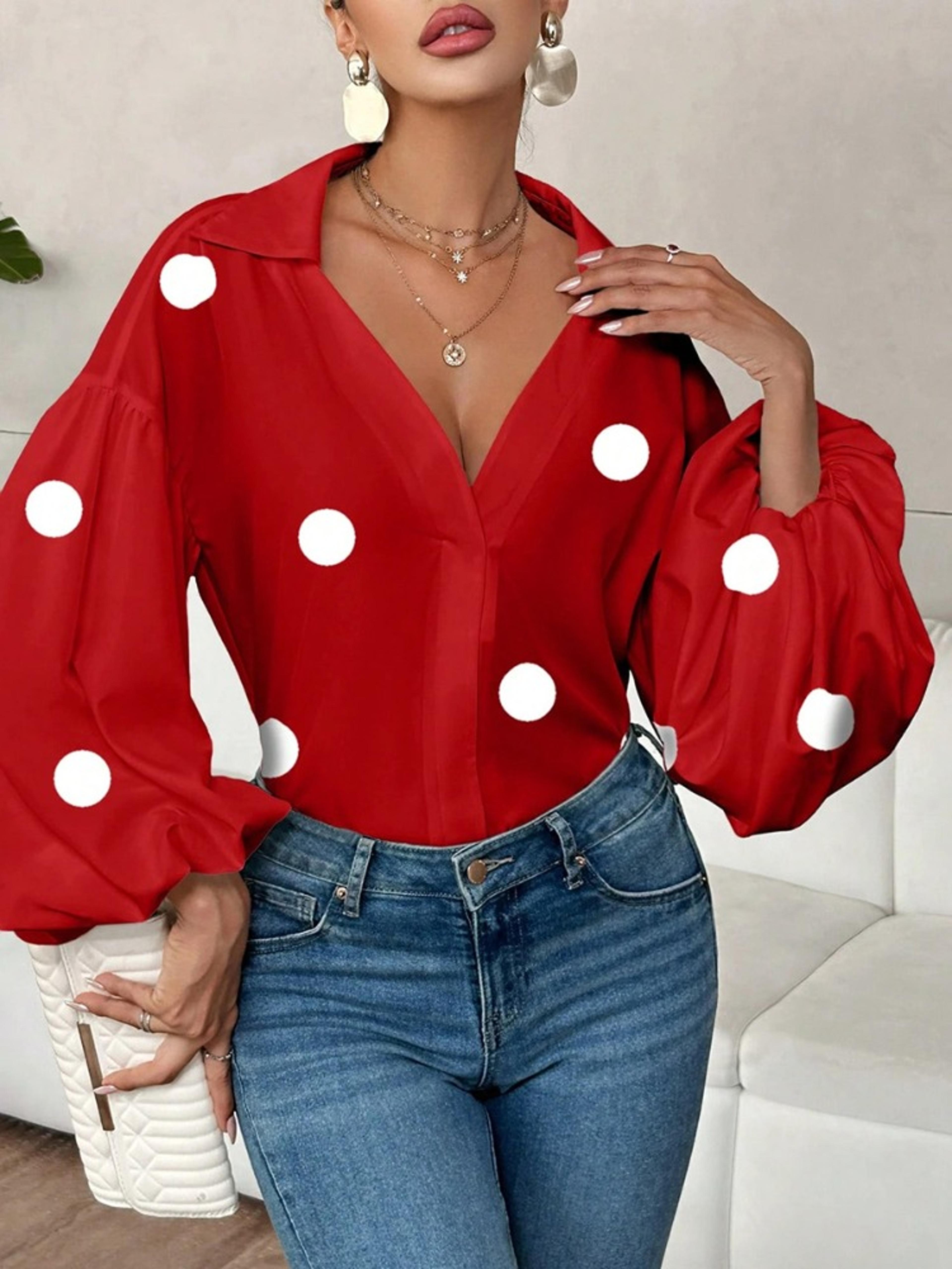 Yeezzi French Style Polka Dot V Neck Blouse Women Puff Sleeve Casual Top 3