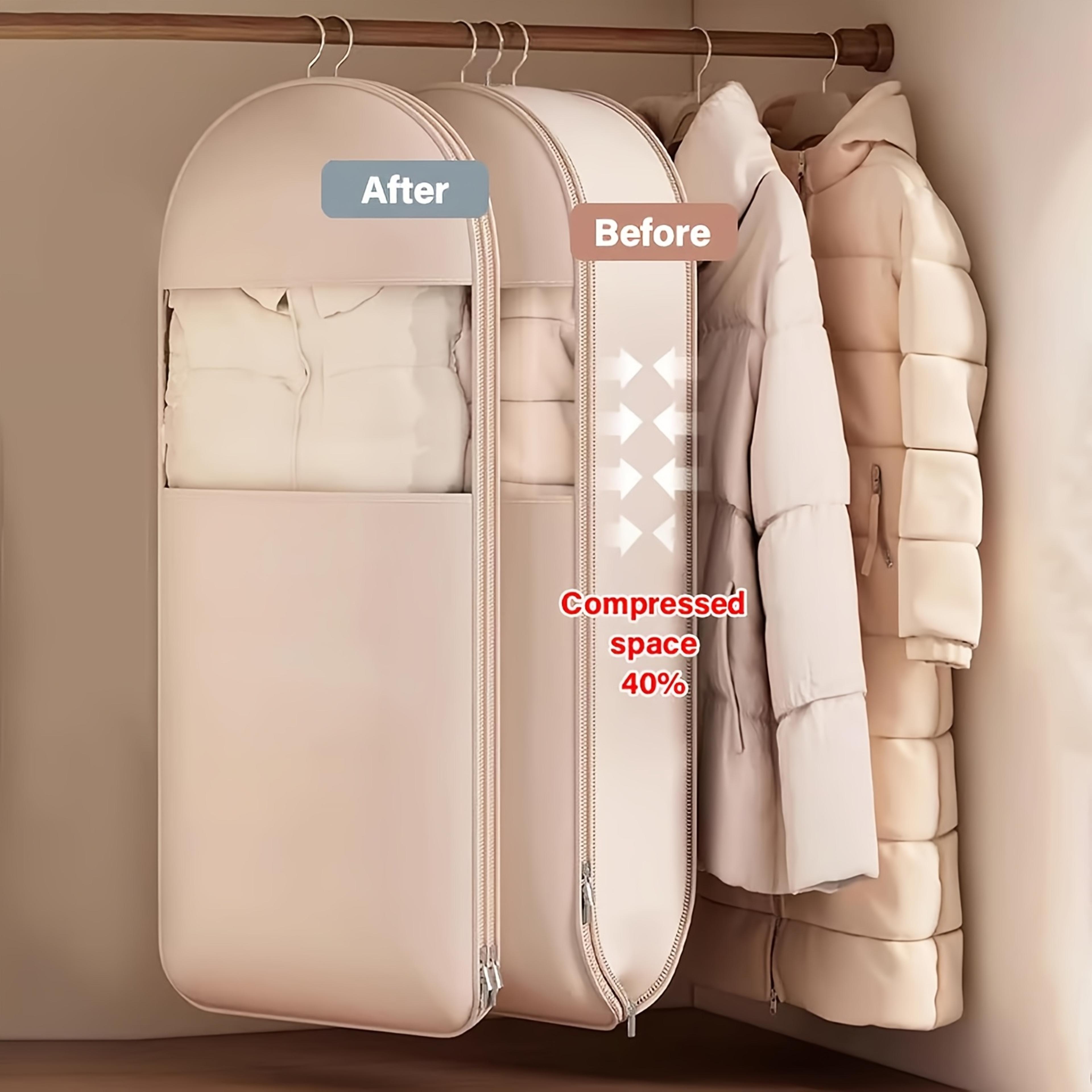 Beige Hanging Vacuum Storage Bags With Compression Seal For Space Saving Wardrobe Organization 2