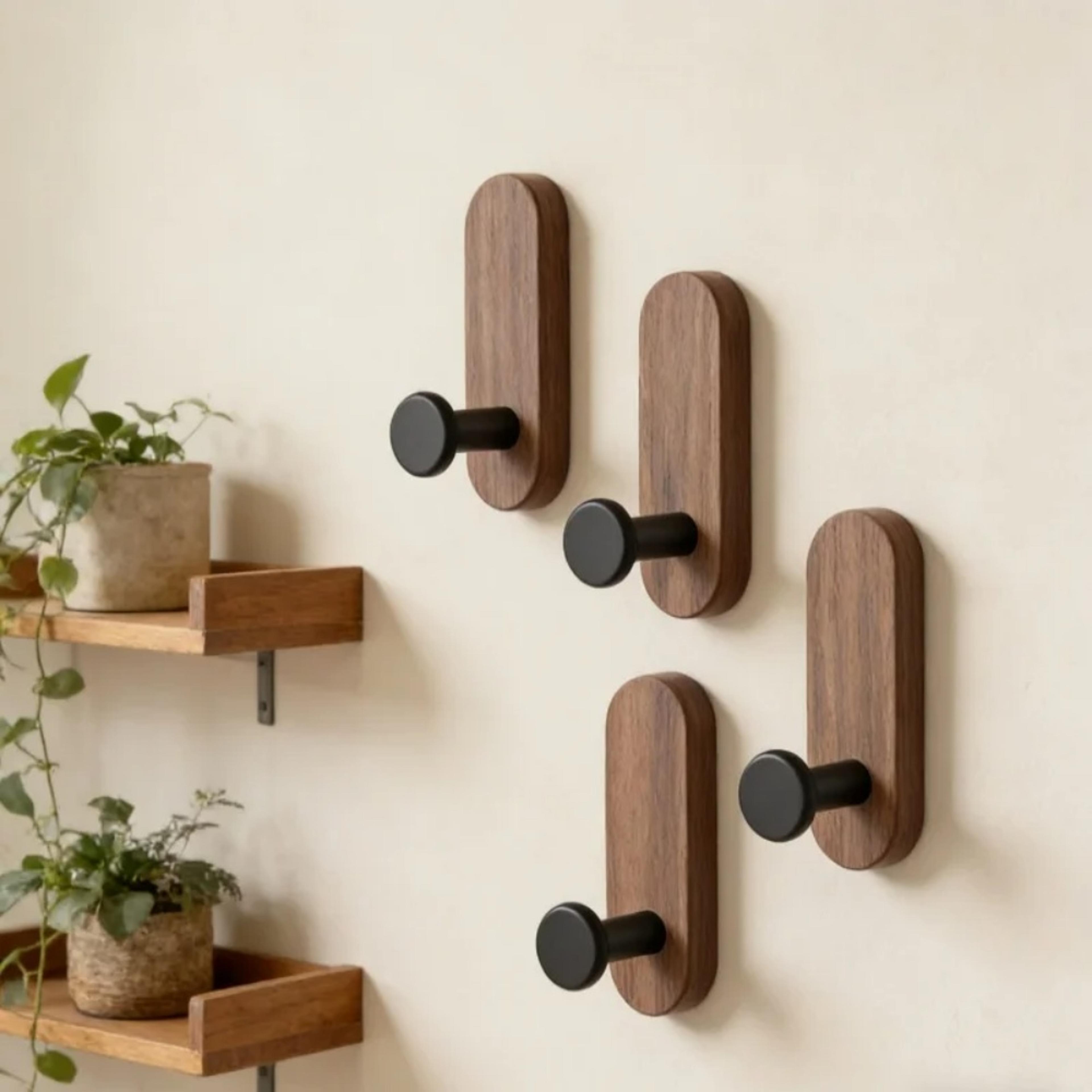 Walnut Wood Wall Hooks Self Adhesive No Drill Coat Towel And Key Hangers 1