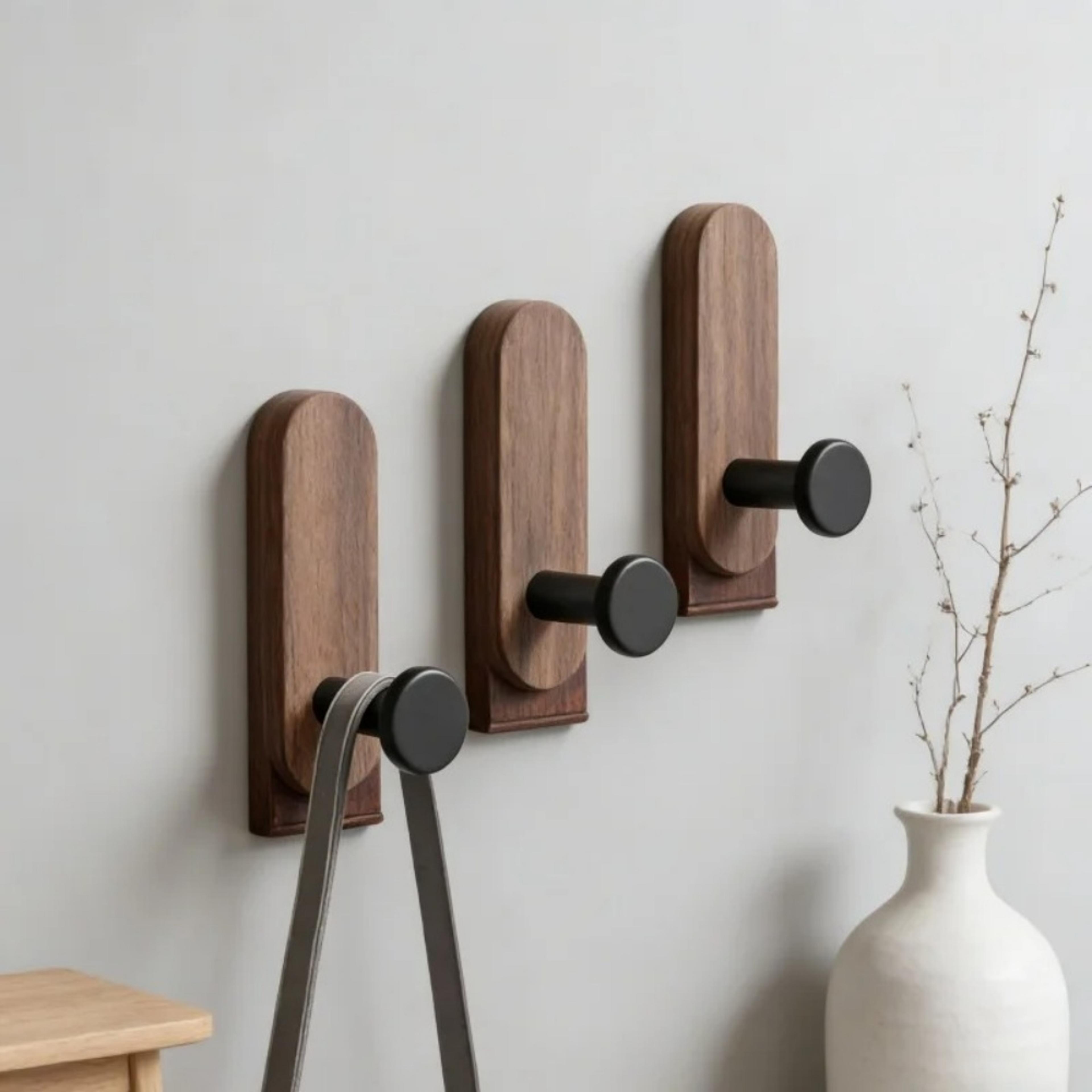 Walnut Wood Wall Hooks Self Adhesive No Drill Coat Towel And Key Hangers 2
