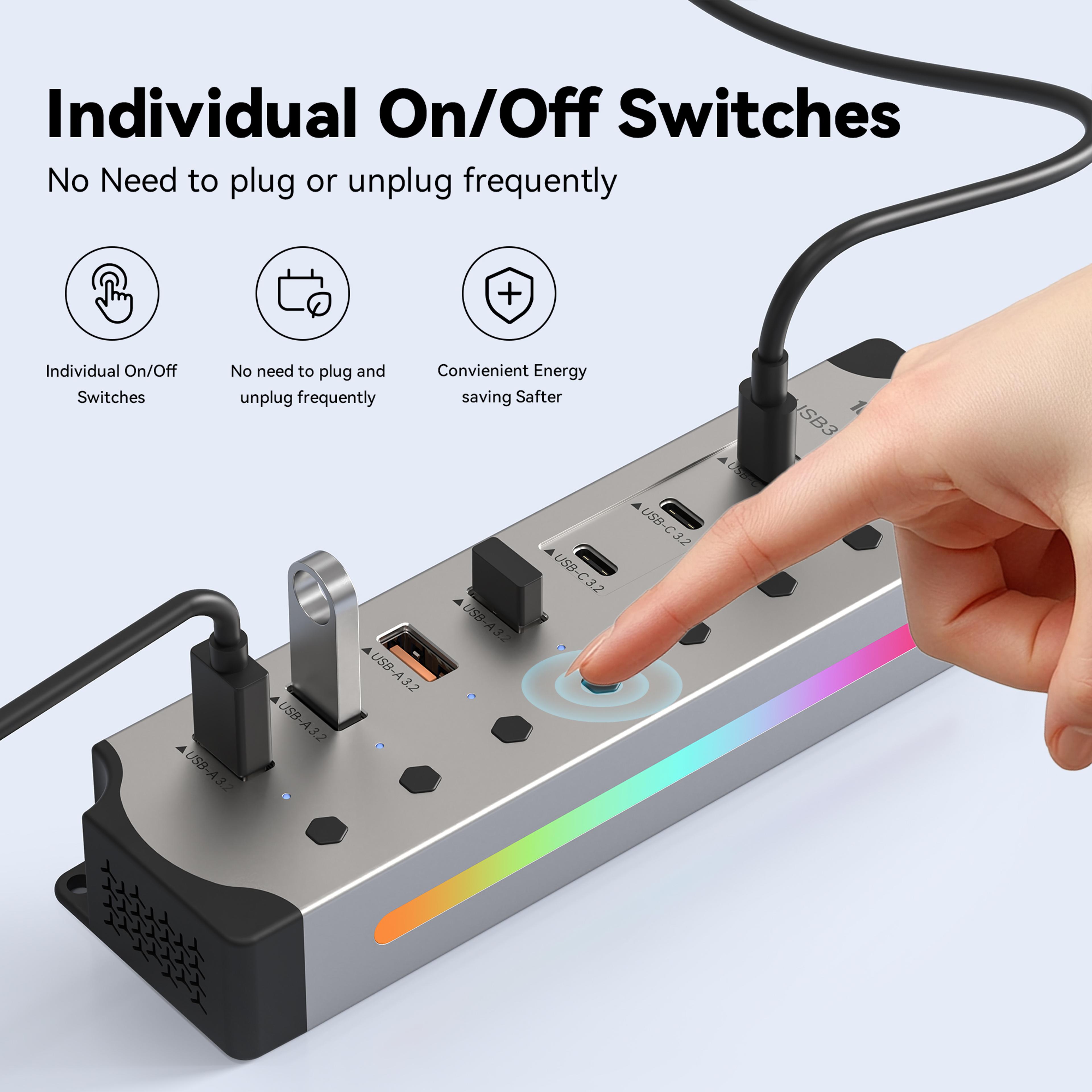 Powered USB Hub Port USB USB C Hub With Individual Switches 4