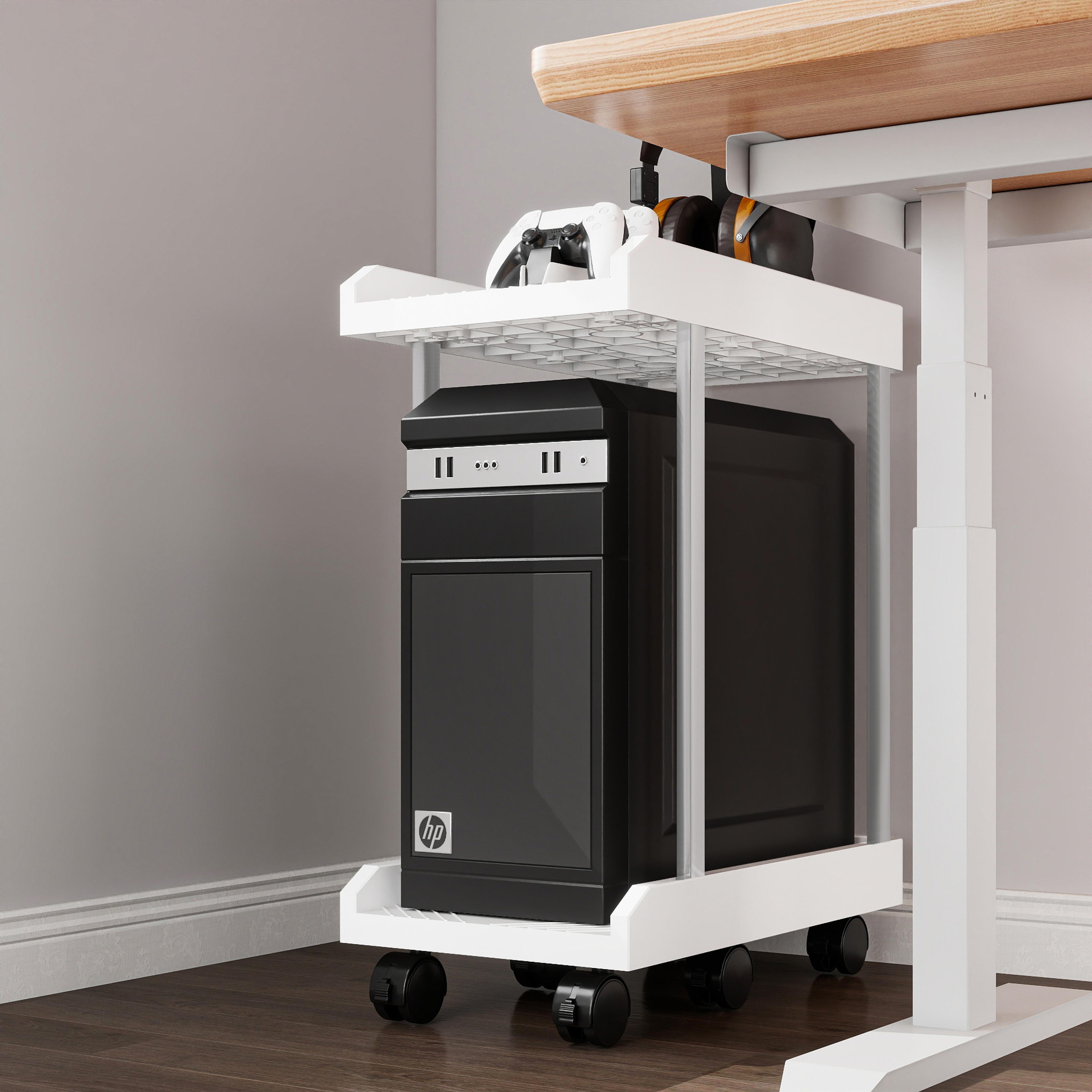 Adjustable Mobile CPU Stand With Wheels And Printer Shelf For Office Storage 3