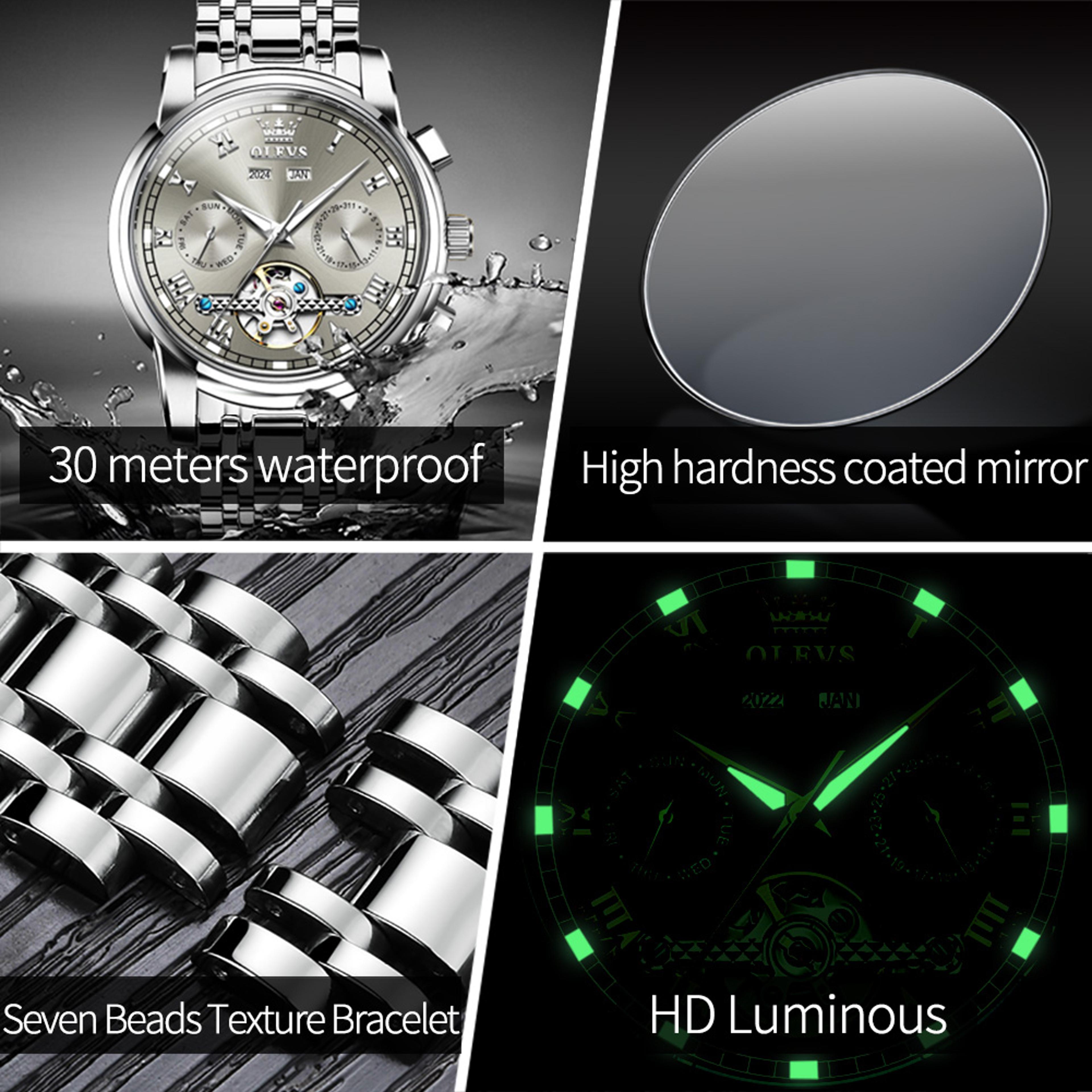 Luxury Skeleton Mechanical Watch For Men Stainless Steel Automatic Flywheel Dual Calendar Wristwatc 5