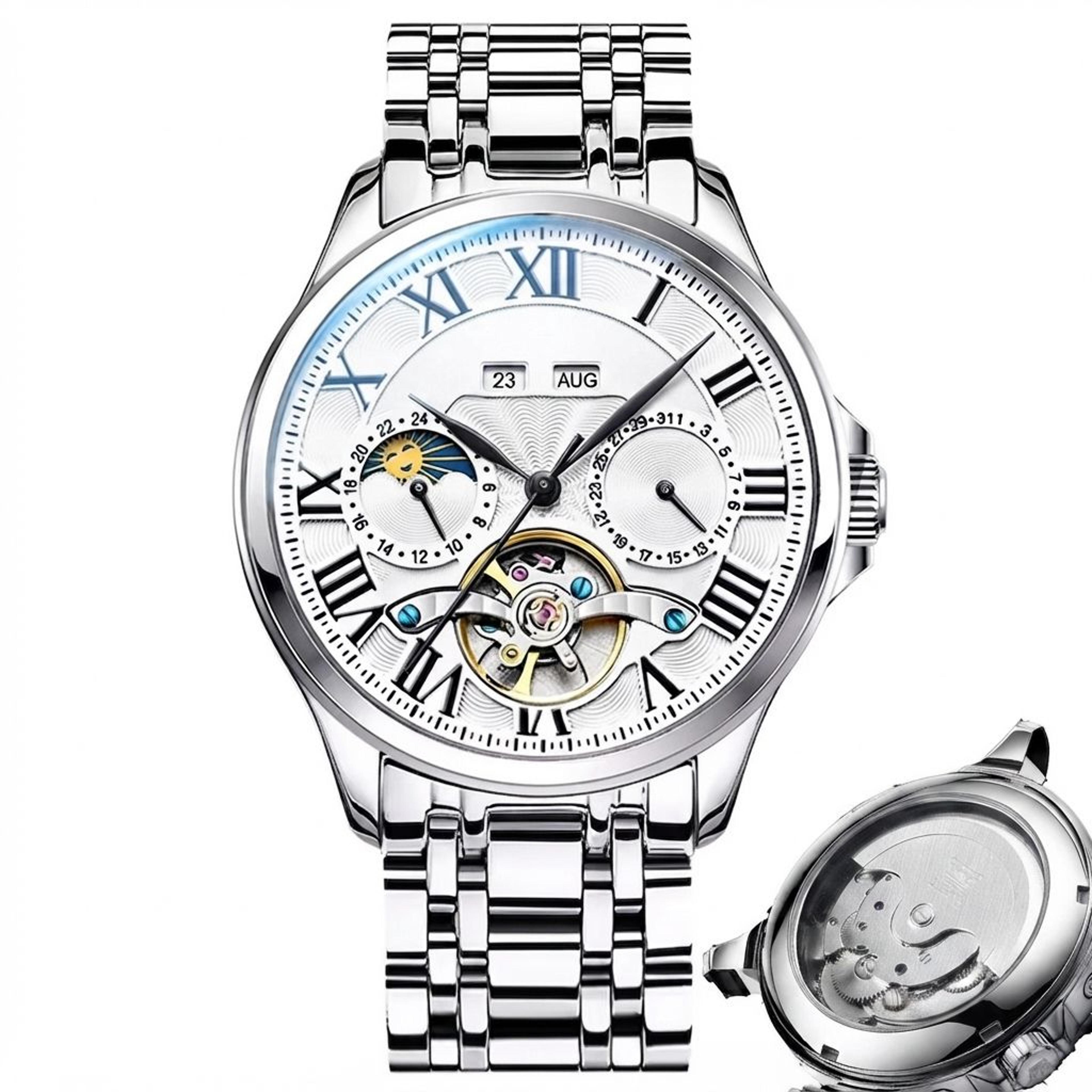 Luxury Automatic Skeleton Moon Phase Mechanical Watch For Men With Roman Dial 0