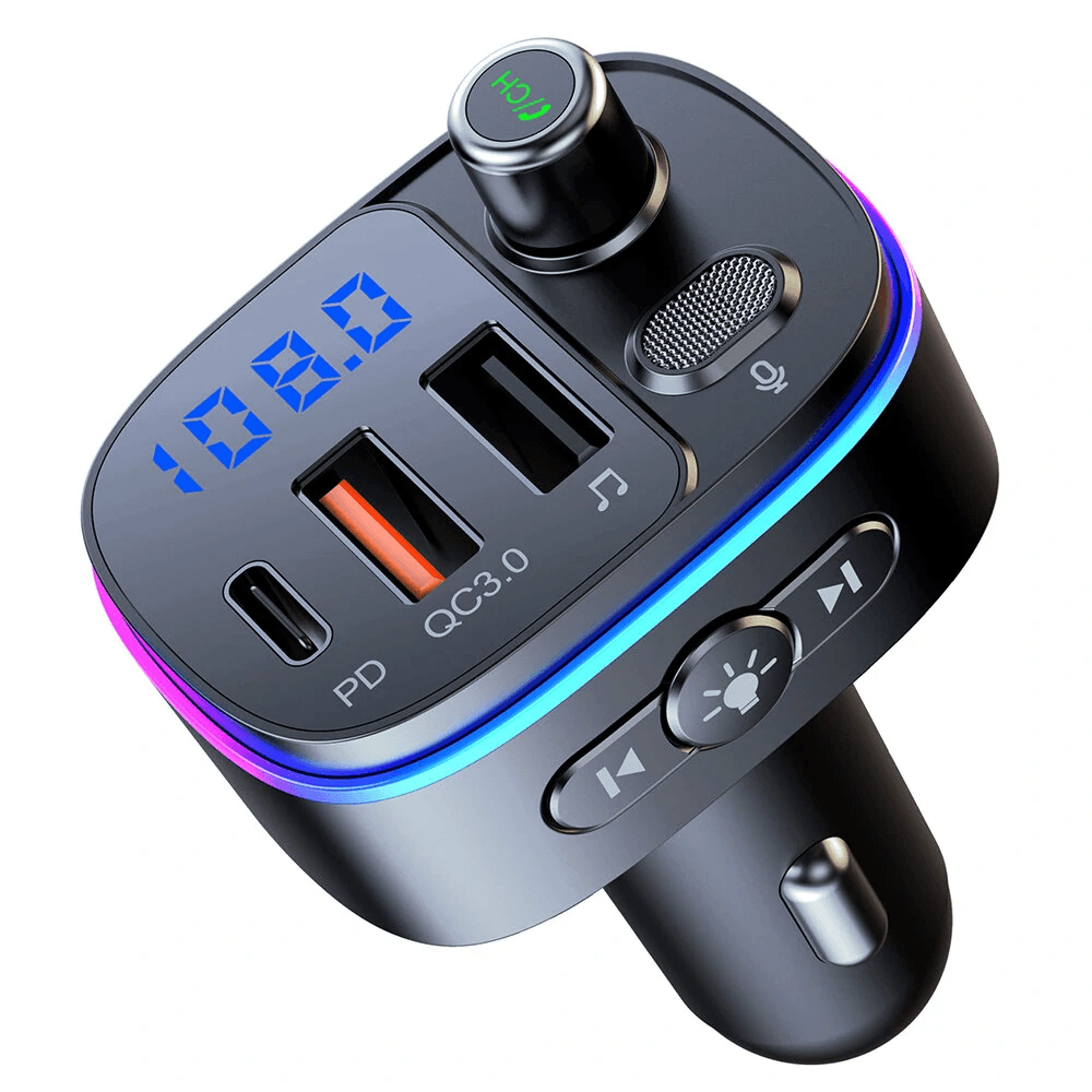 Bluetooth FM Transmitter Car Adapter With Fast Charging Hands Free Calling And LED Lights 3