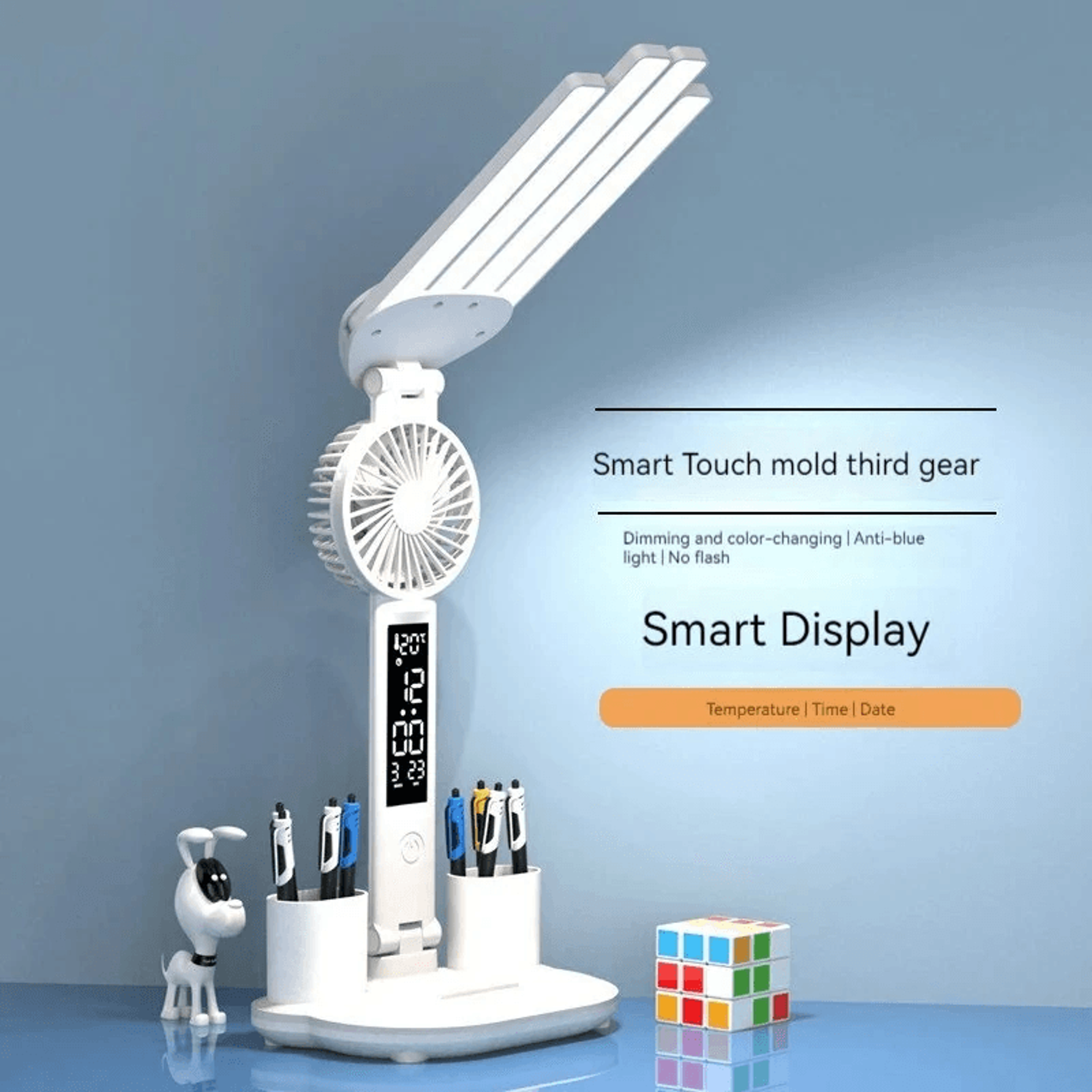 Head LED Desk Lamp With Digital Clock Fan Touch Control And Adjustable Eye Care Lighting 5