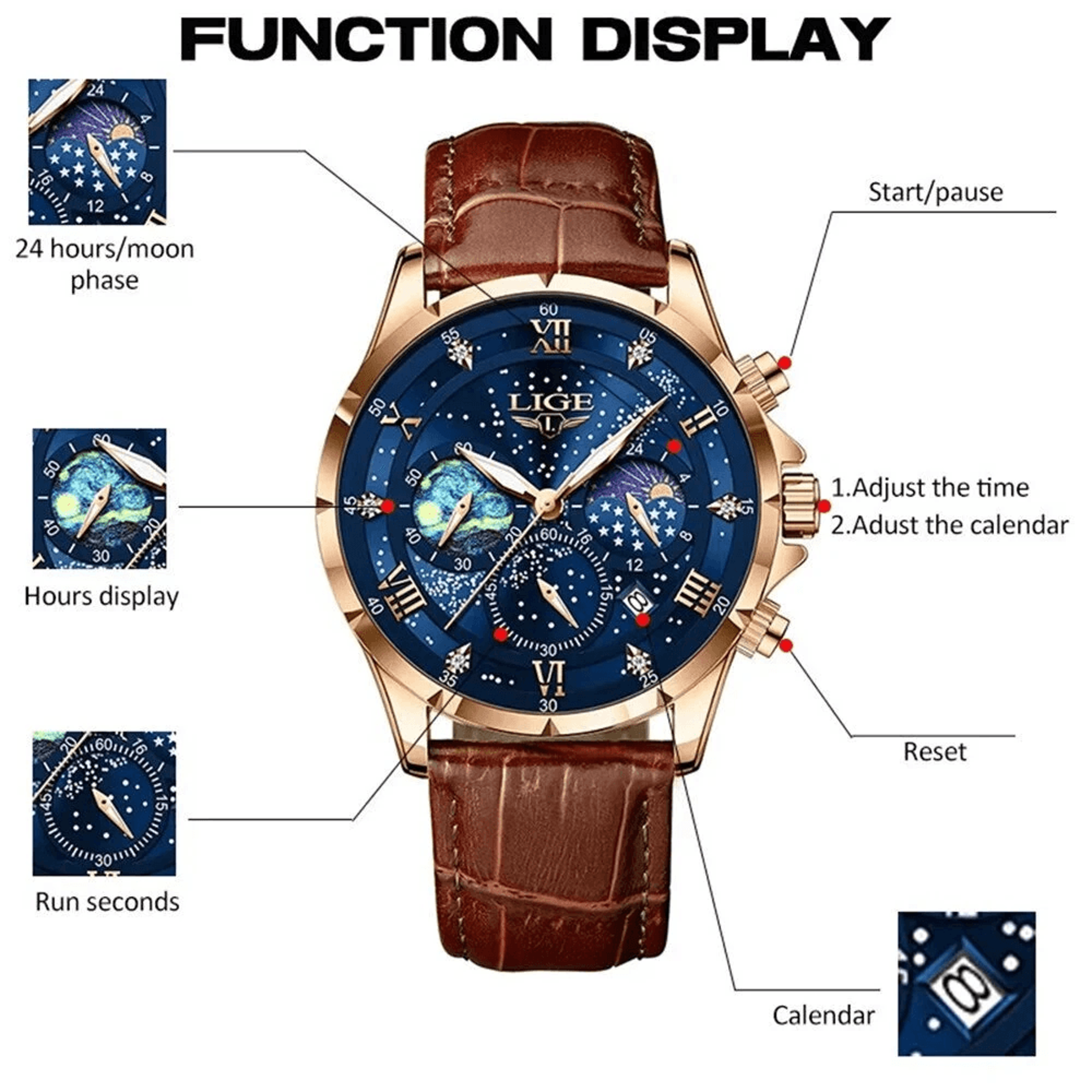 Classic Waterproof Luminous Quartz Watch With Leather Strap And Calendar 3