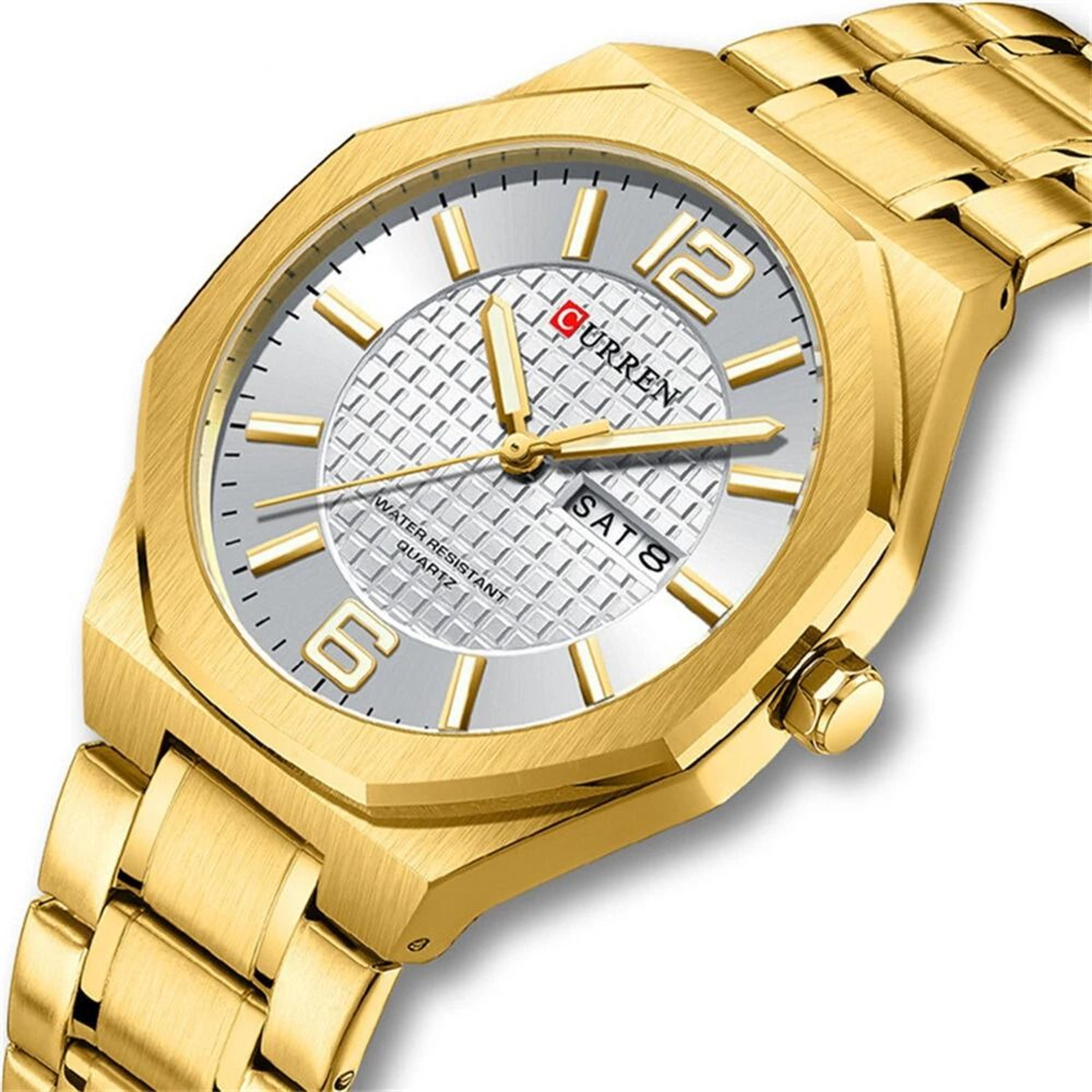 classic mens stainless steel quartz watch with calendar and water resistance