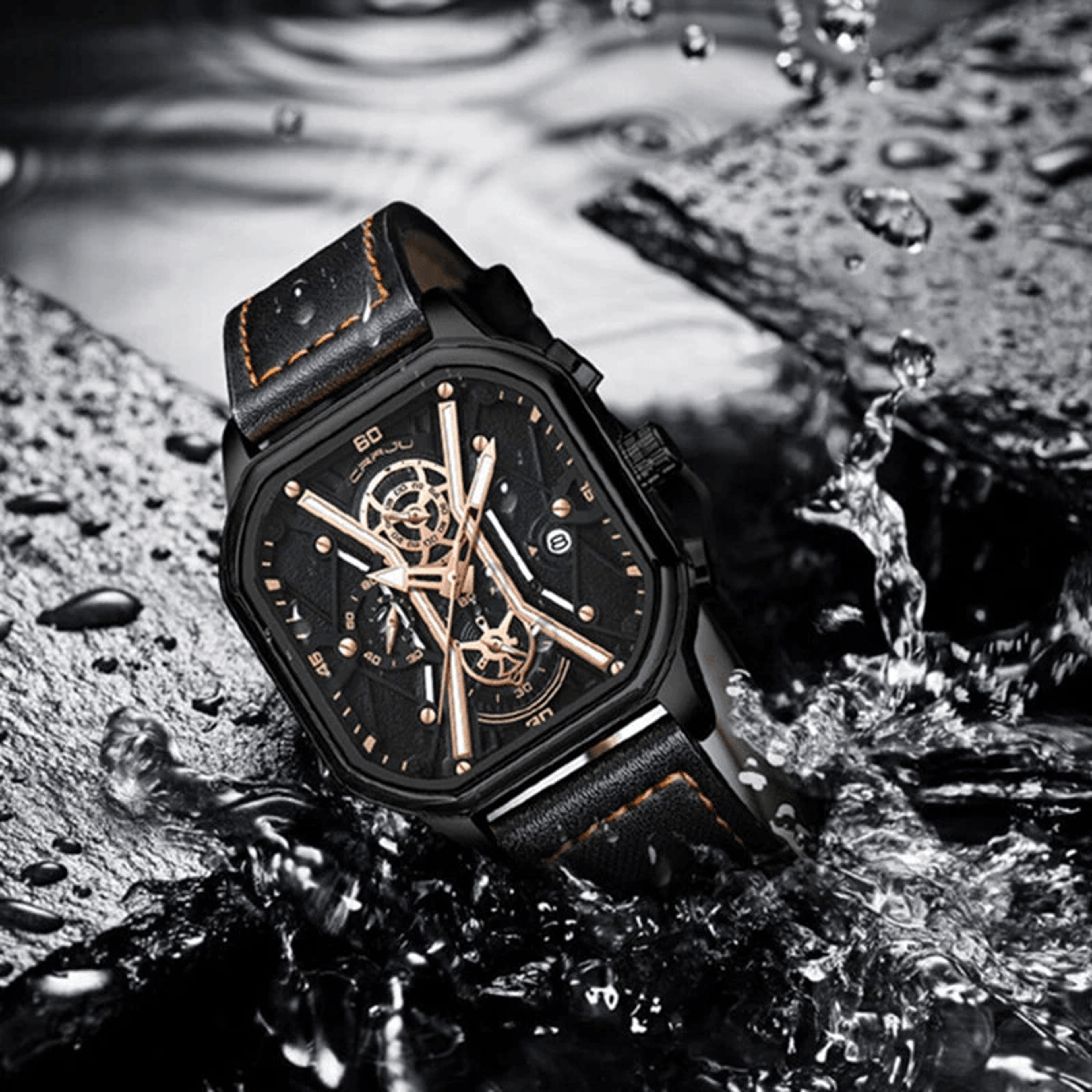 Square Chronograph Watch For Men With Leather Strap And Luminous Dial 1