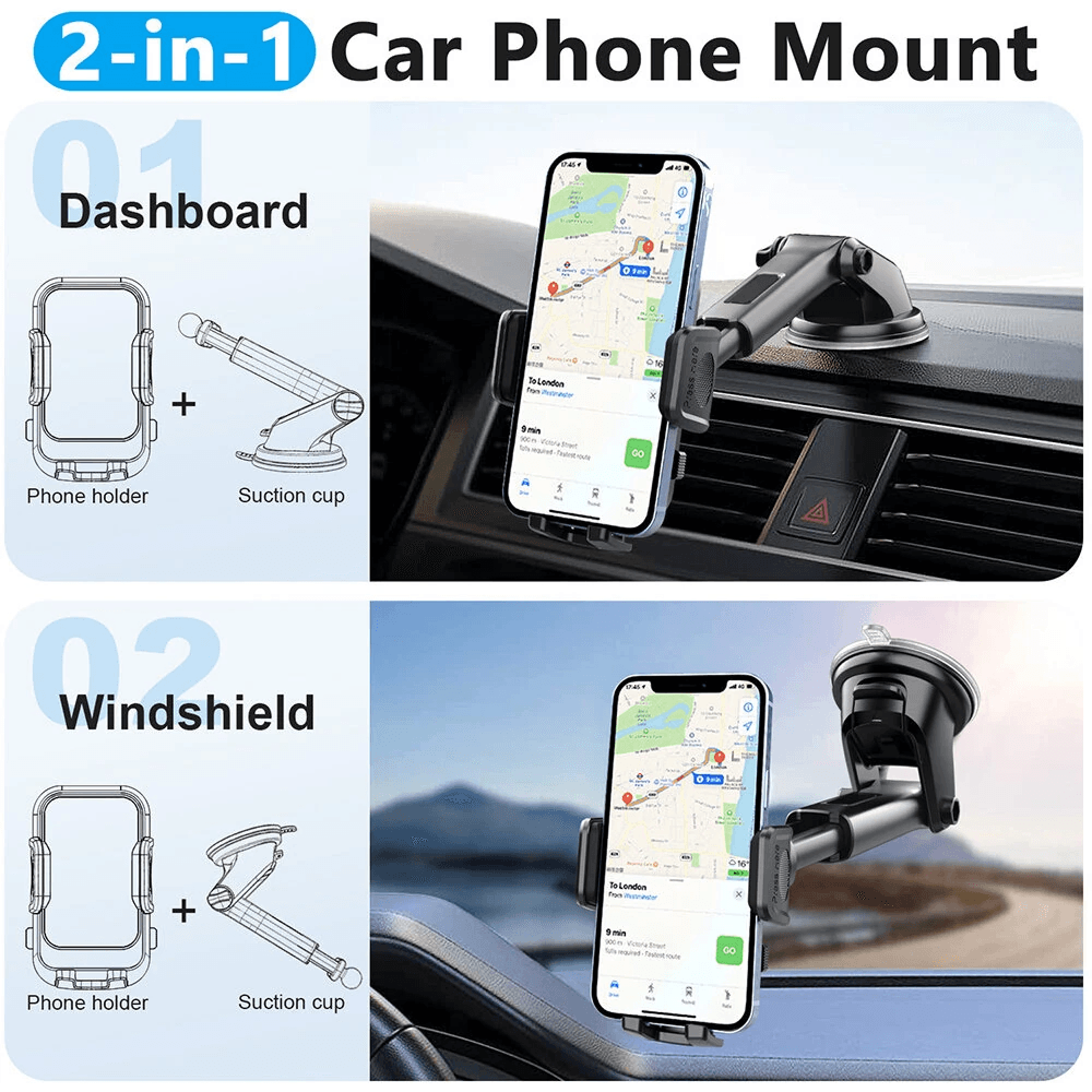 Adjustable Car Phone Holder With Retractable Suction Cup Dashboard 8