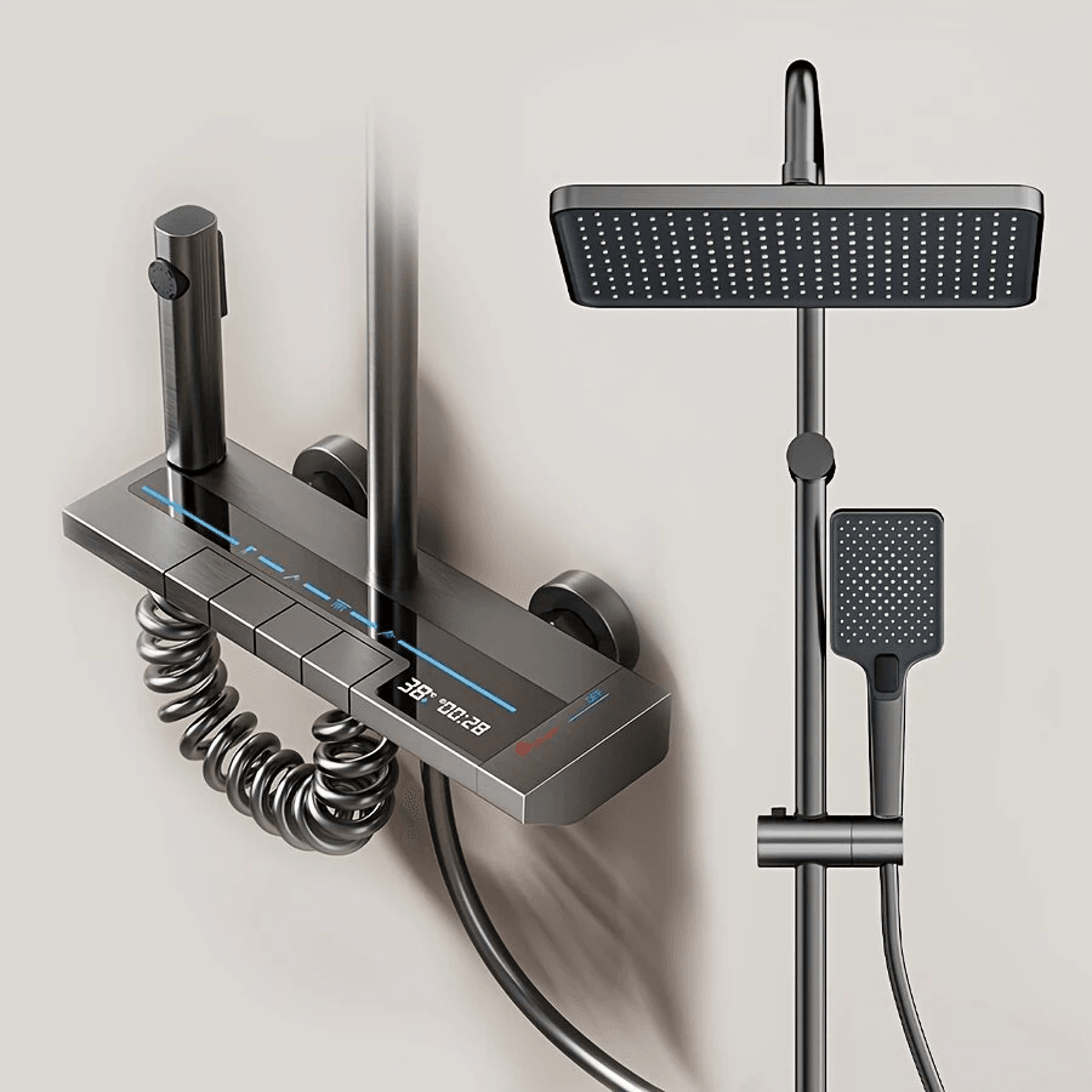 digital display rain shower system with piano button controls and ambient light