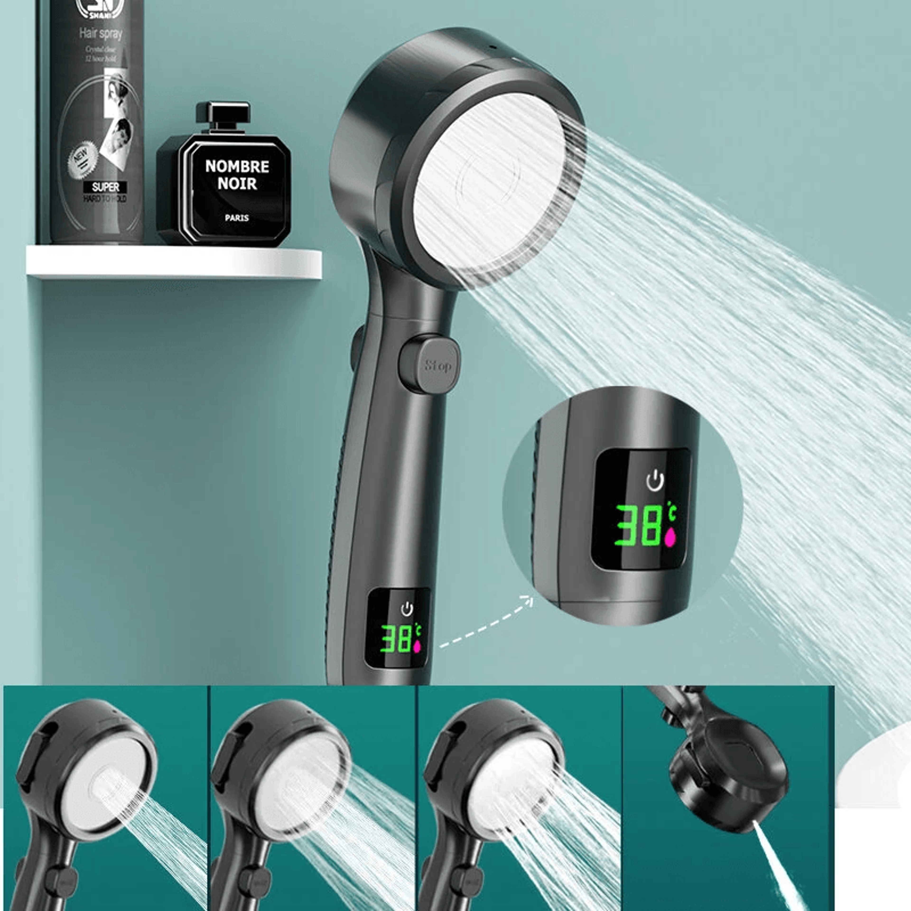 Smart High Pressure Handheld Shower Head With LED Temperature Display And Spray Modes 7