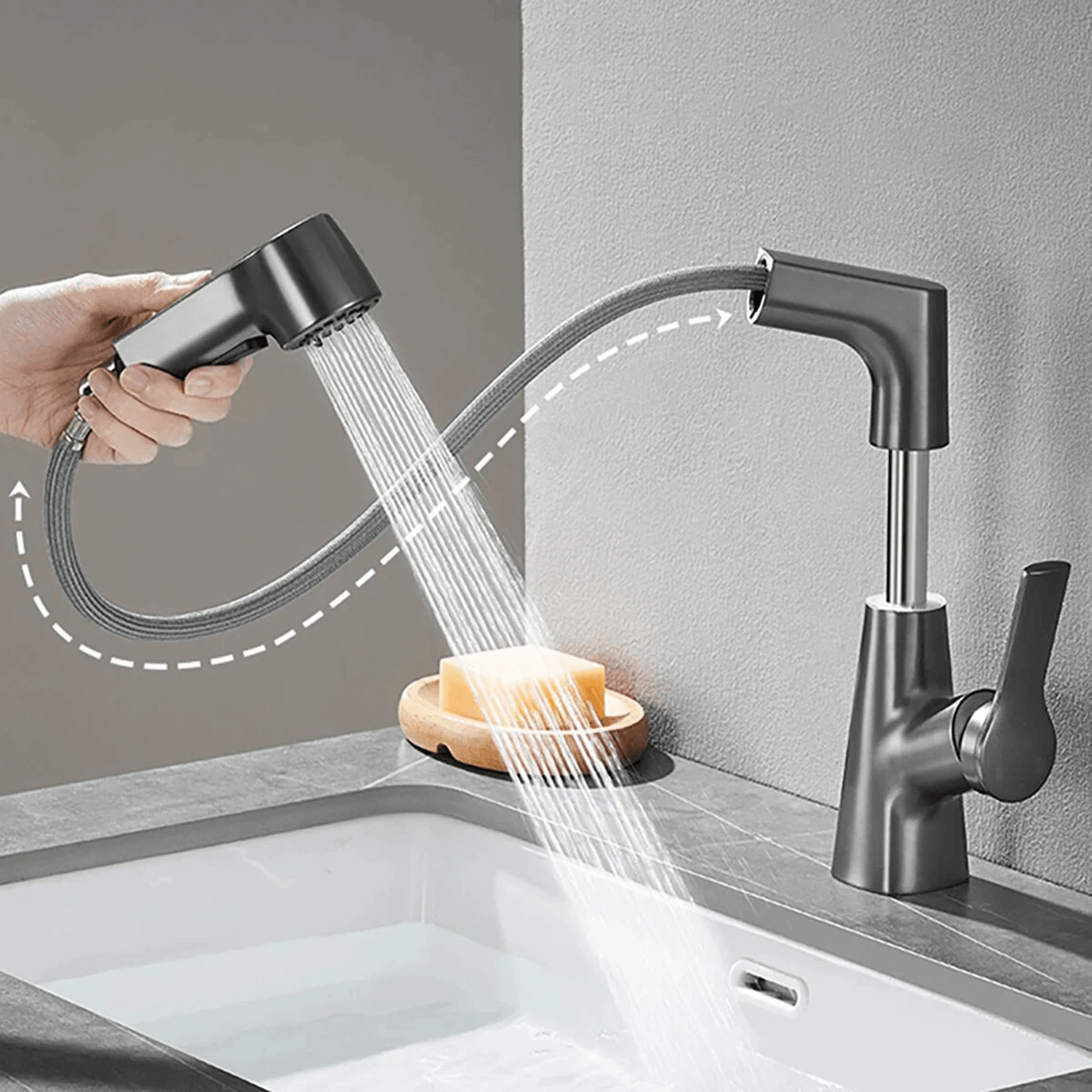 Adjustable Pull Out Kitchen Faucet With Dual Spray Modes And Hot Cold Control 4