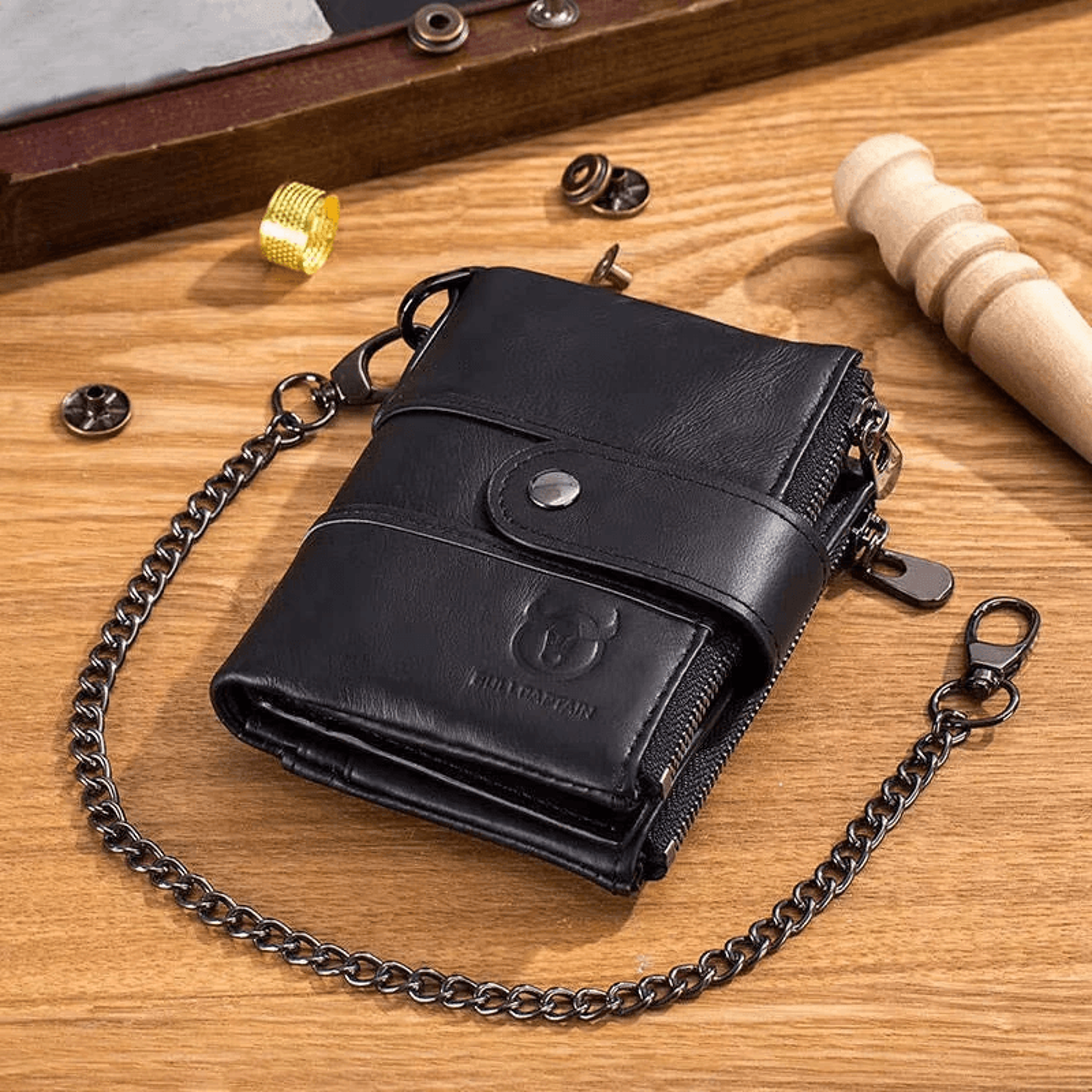 Mens Genuine Leather Wallet With Chain Double Zipper Multi Card Organizer 4
