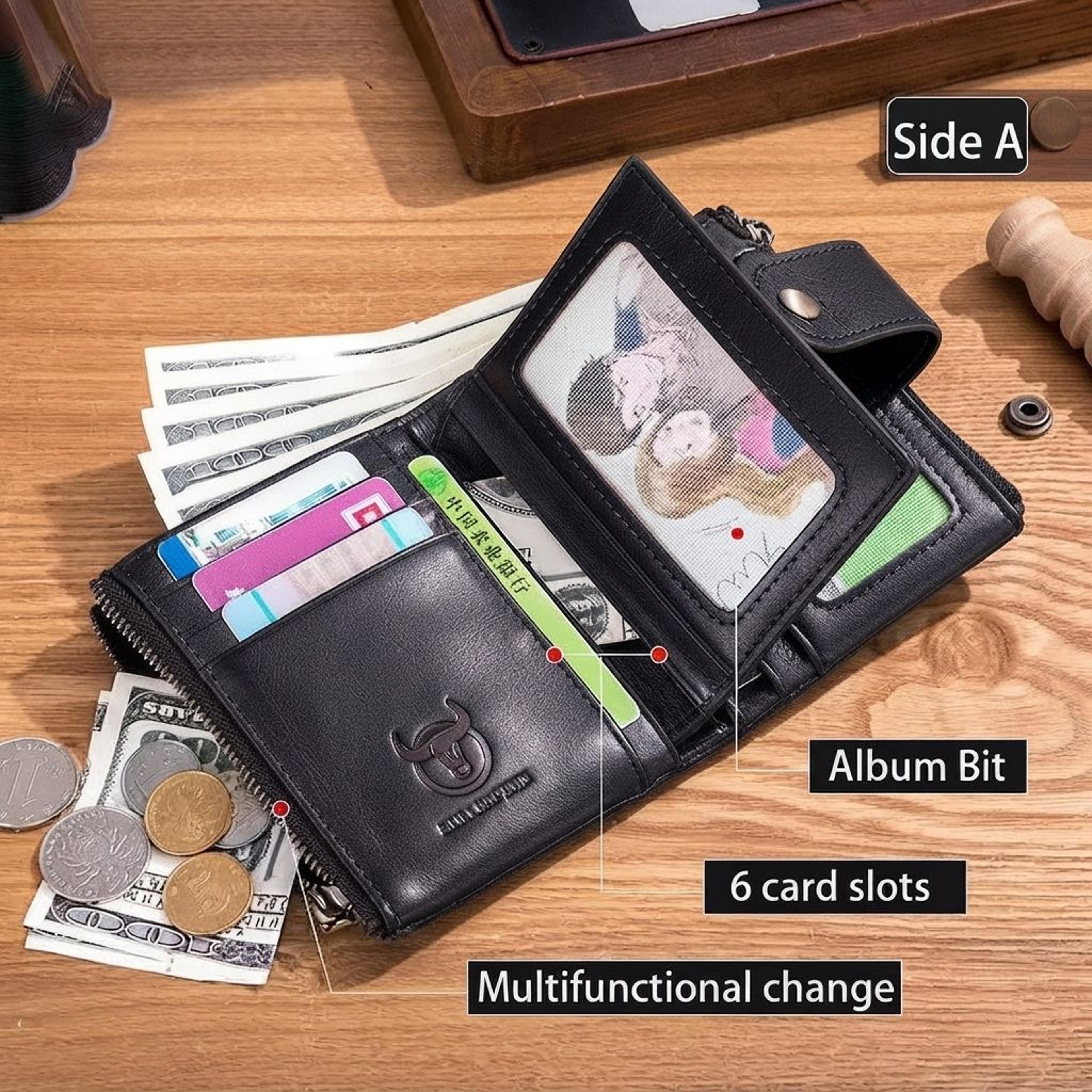 Mens Genuine Leather Wallet With Chain Double Zipper Multi Card Organizer 1