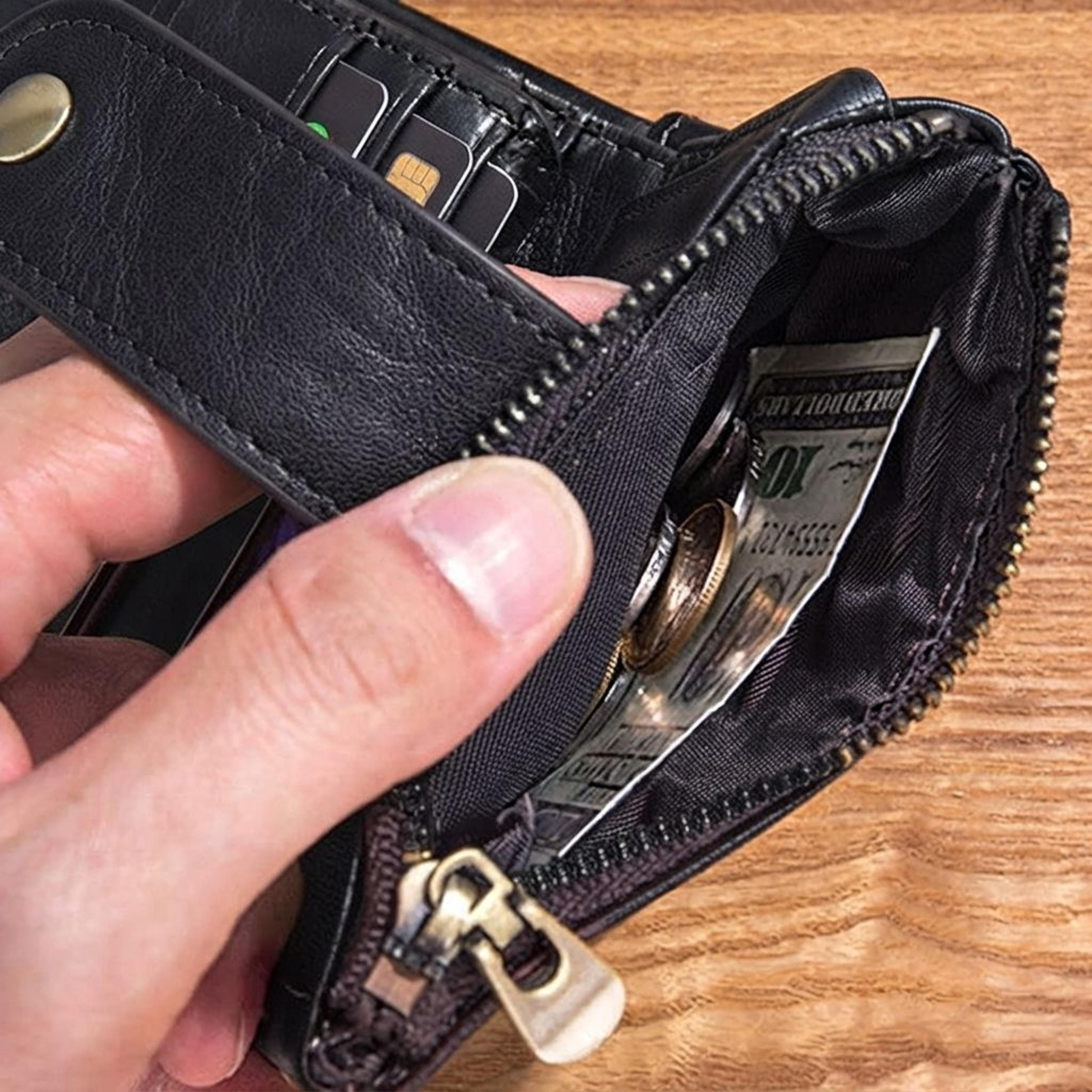 Mens Genuine Leather Wallet With Chain Double Zipper Multi Card Organizer 2
