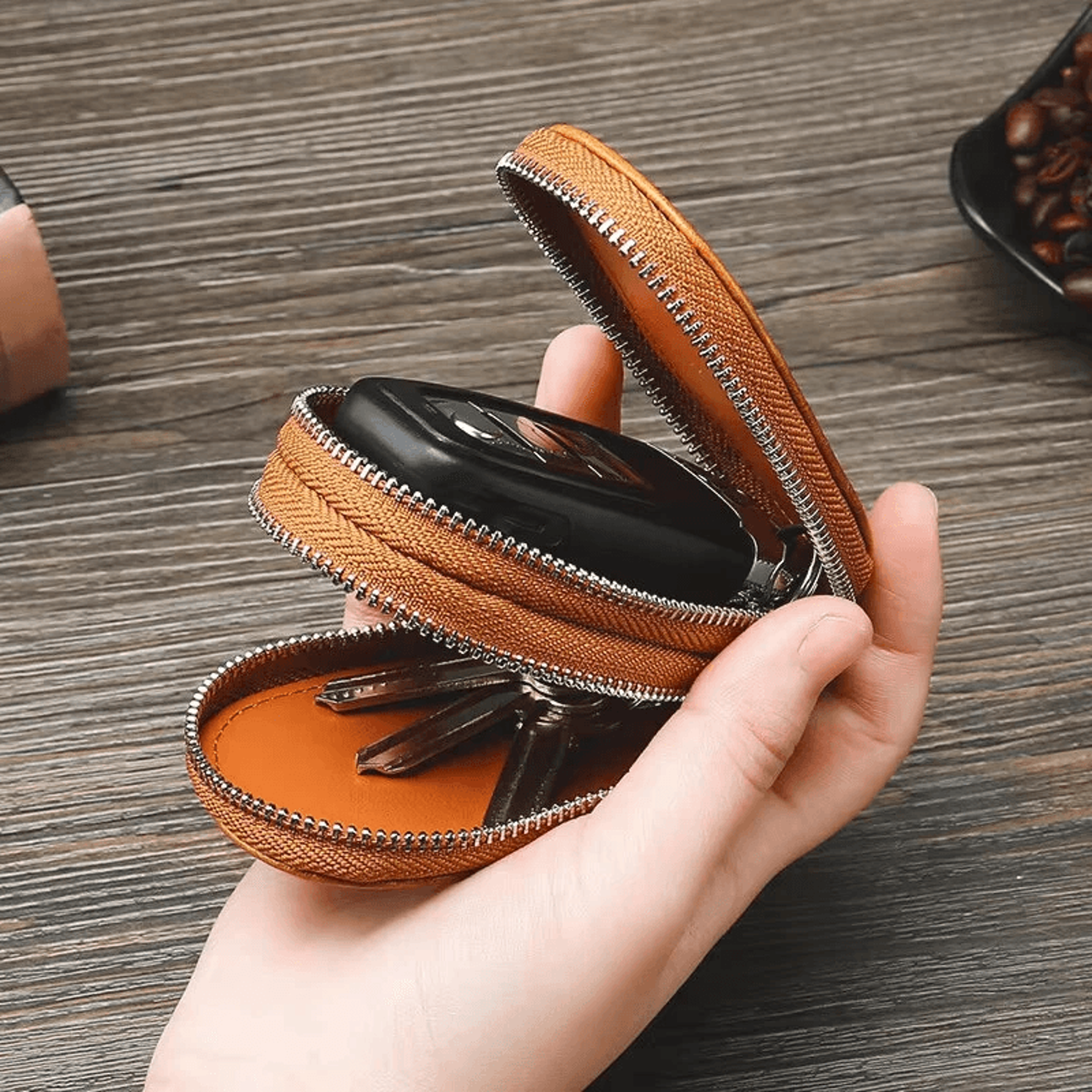 Genuine Leather Car Key Case Double Layer Zipper Key Holder 3